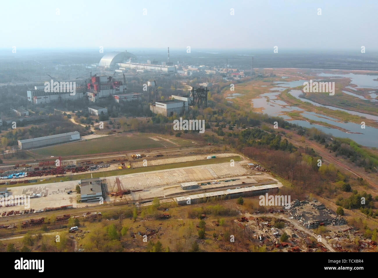 Kernkraftwerk Tschernobyl, Ukrine. Luftaufnahme Stockfoto