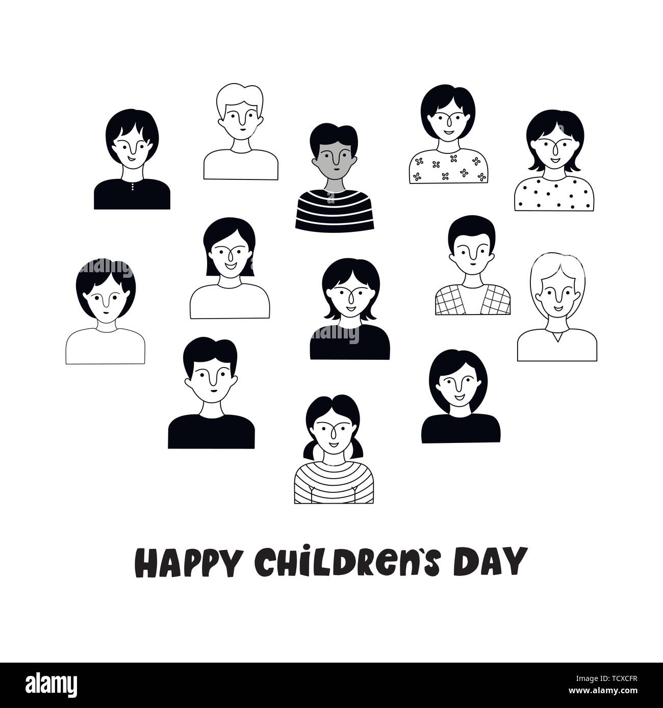 Glückliche Kinder Tag Plakat mit Jungen und Mädchen. Vektor handgezeichnete Illustrationen. Doodle Stil. Stock Vektor
