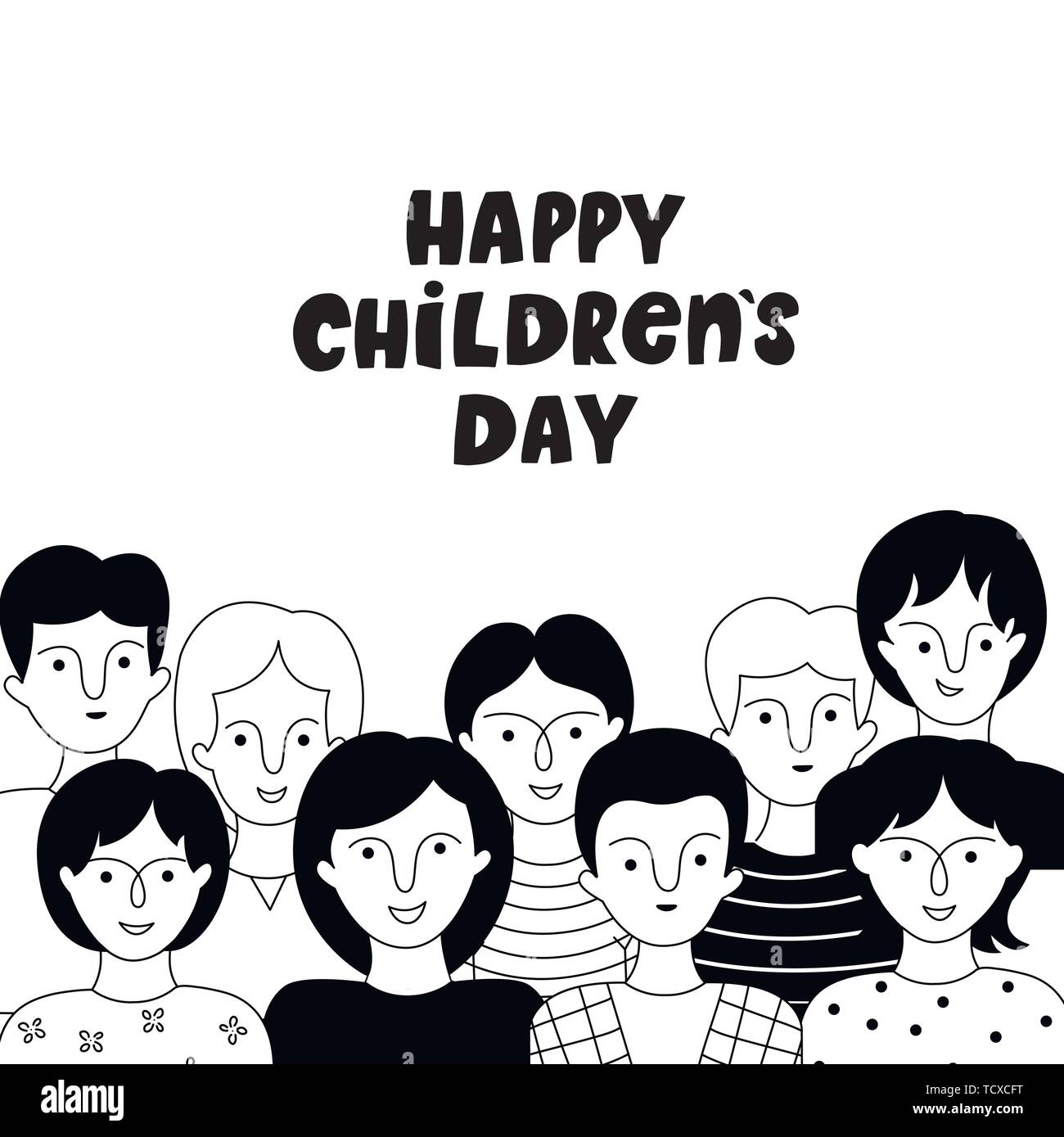 Happy Children's Day Poster mit Jungen und Mädchen. Vektor handgezeichnete Illustrationen. Doodle Stil. Stock Vektor