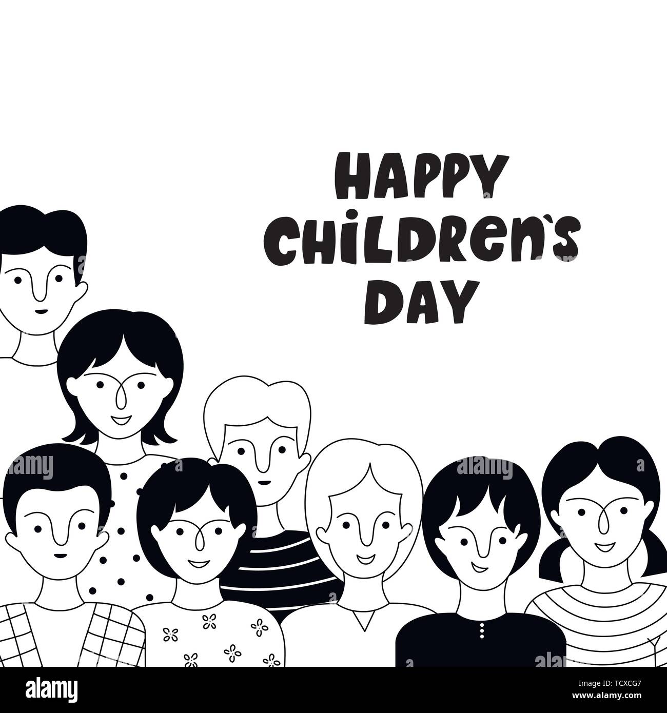 Happy Children's Day Poster mit Jungen und Mädchen. Vektor handgezeichnete Illustrationen. Doodle Stil. Stock Vektor