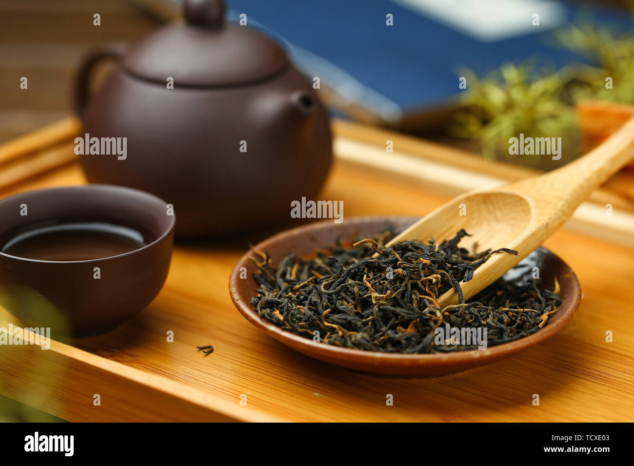 Chinesischer Tee, Tee, Teekanne und Tassen auf Bambus Platte Stockfoto