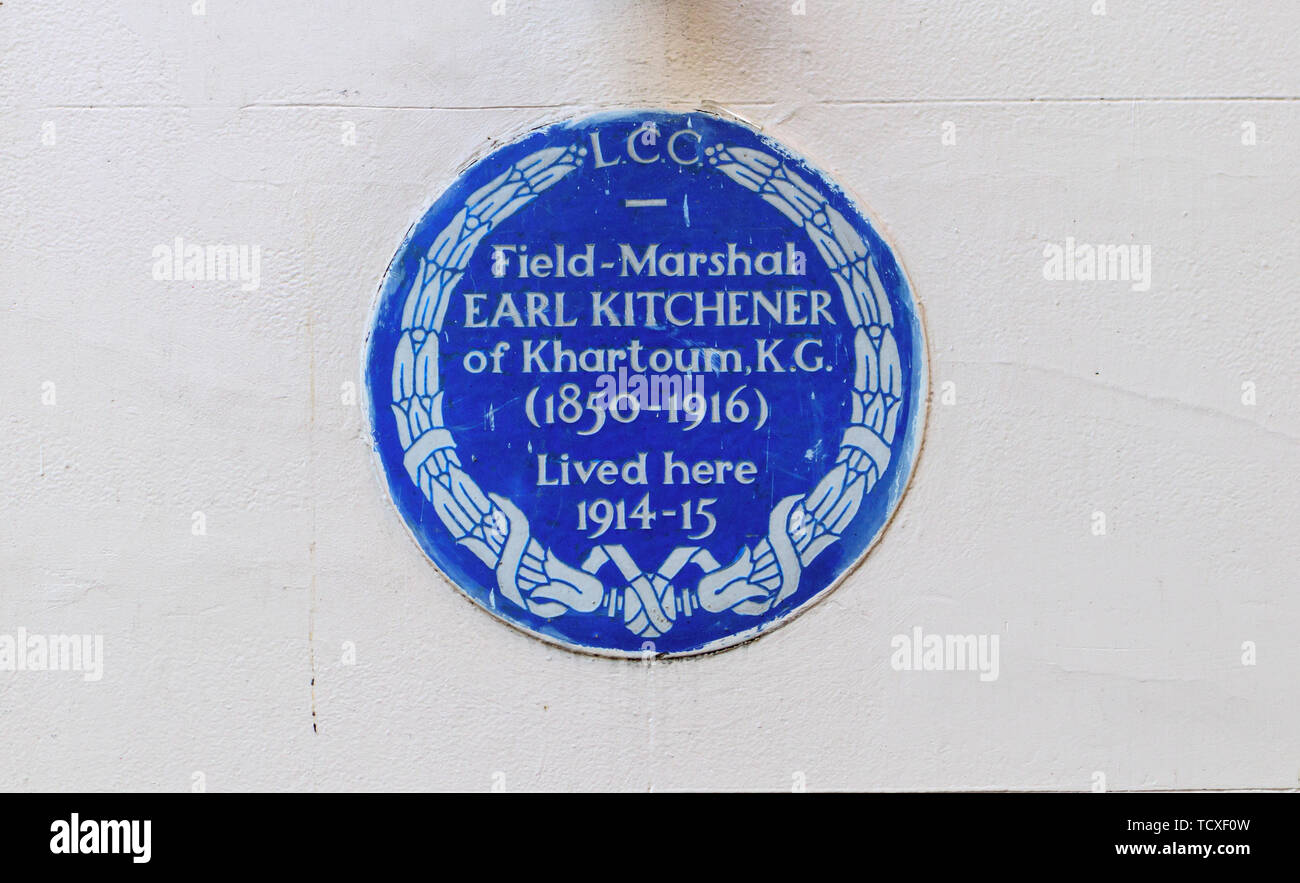 Blaue Plakette, Feldmarschall Earl Kitchener in Khartum KG, die in Carlton Gardens lebte, Westminster, London, SW1, UK 1914-15 Stockfoto
