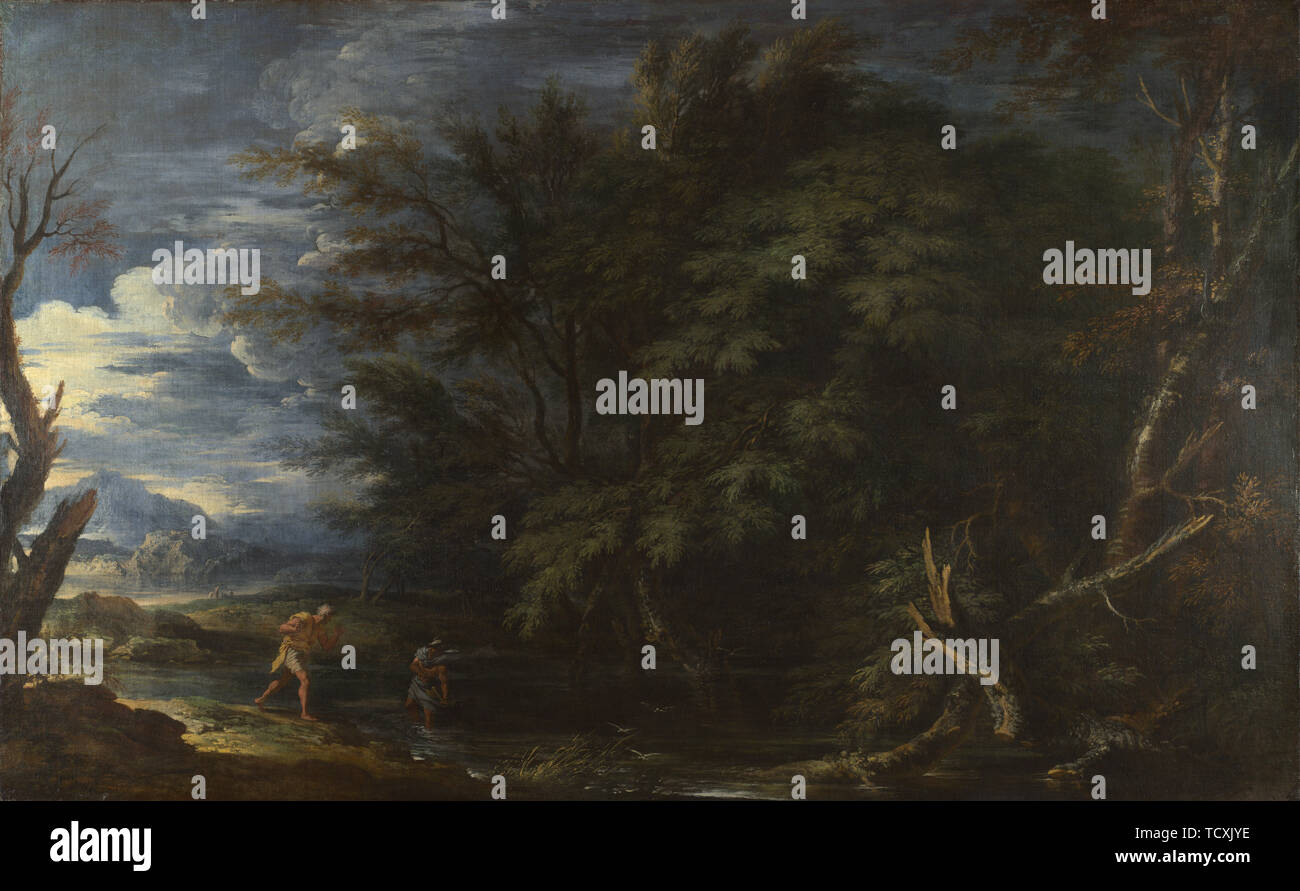 Landschaft mit Merkur und die unehrlichen Woodman, ca 1663. Schöpfer: Rosa, Salvatore (1615-1673). Stockfoto