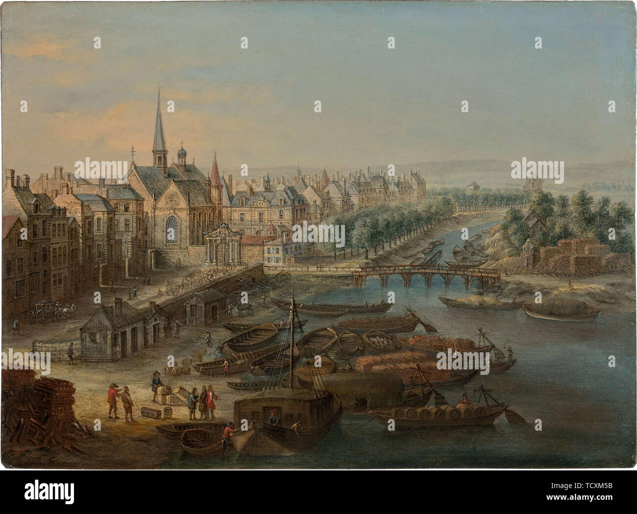 Blick auf das Arsenal, der Port Saint Paul und der Quai des Célestins in Paris, 1730. Schöpfer: Grevenbroeck, Charles Léopold van (1732-1759). Stockfoto