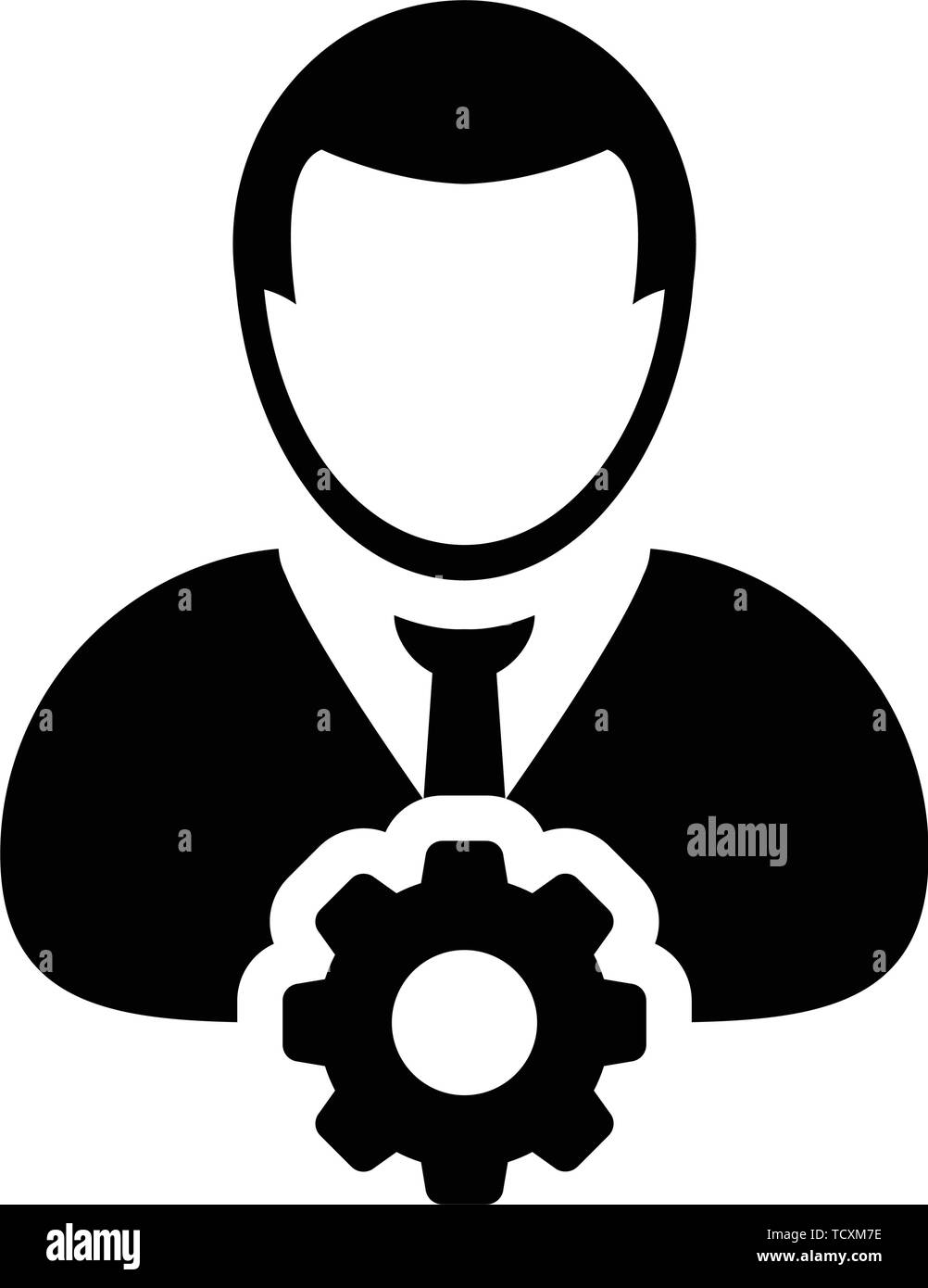 Techniker Symbol Vektor männliche Person Profil Avatar mit Zahnrad Zahnrad für Einstellungen und Konfiguration in flachen Farbe glyphe Piktogramm Abbildung Stock Vektor