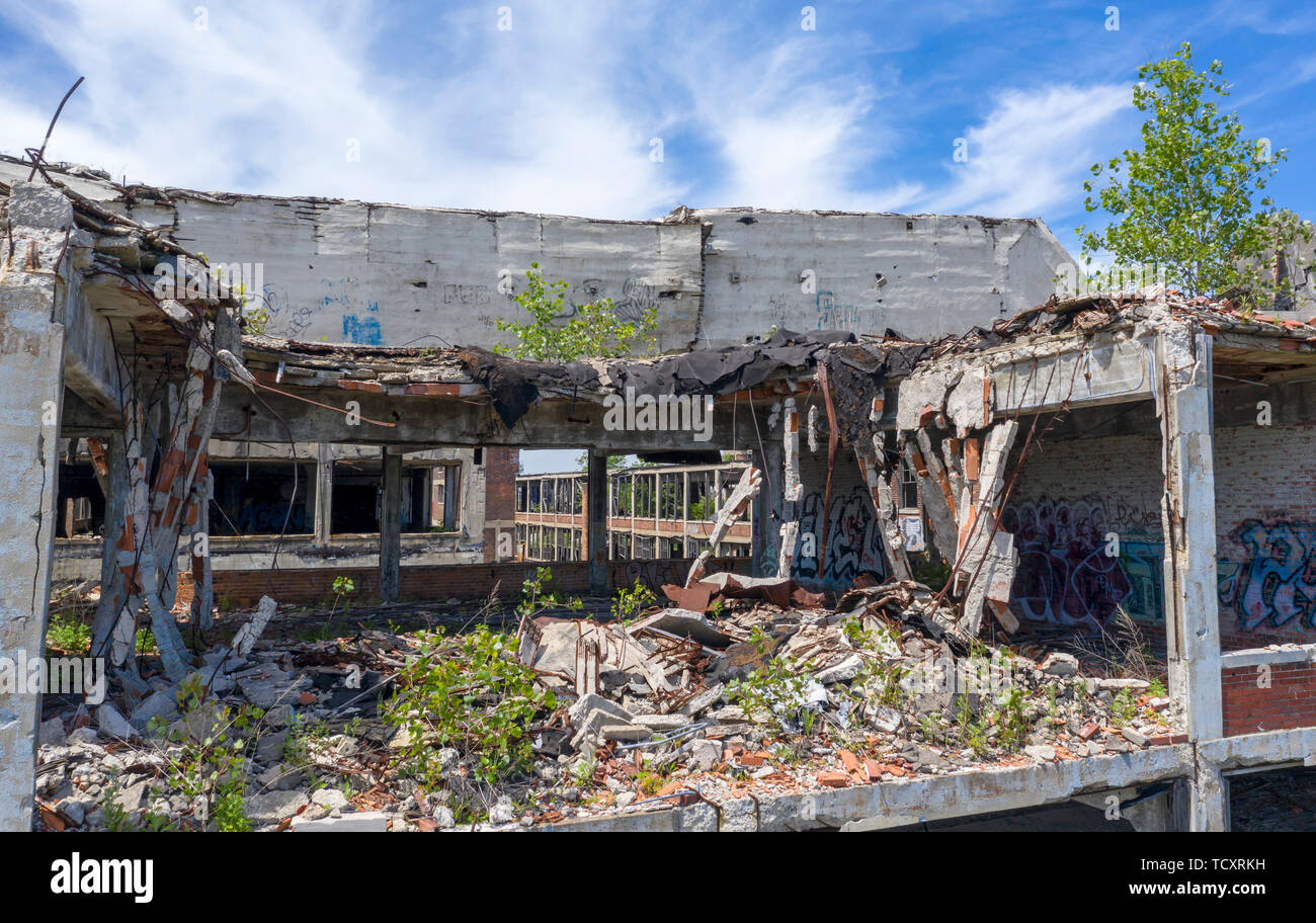 Detroit, Michigan - die Ruinen der alten Packard Anlage. 1903 eröffnet, die 3,5 Millionen Quadratmeter Anlage 40.000 Arbeitnehmer vor dem Schließen in 19 beschäftigt Stockfoto