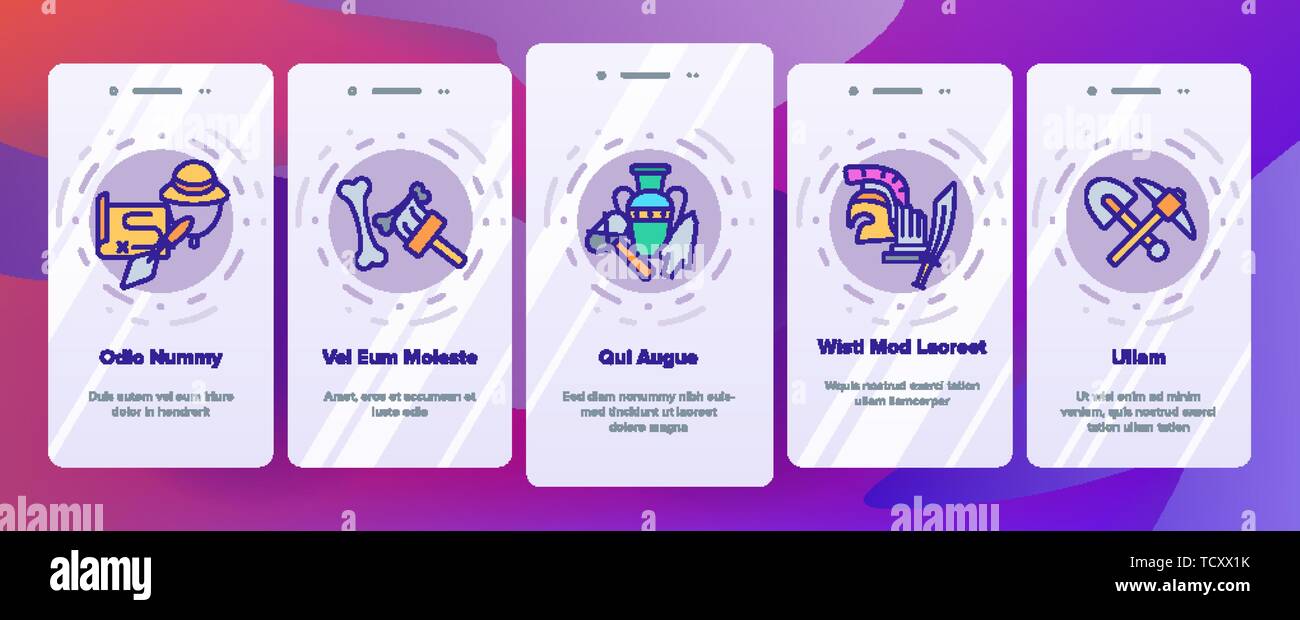 Archäologische Werkzeuge und Ausgrabungen Vektor Onboarding Mobile App Seite Bildschirm Stock Vektor