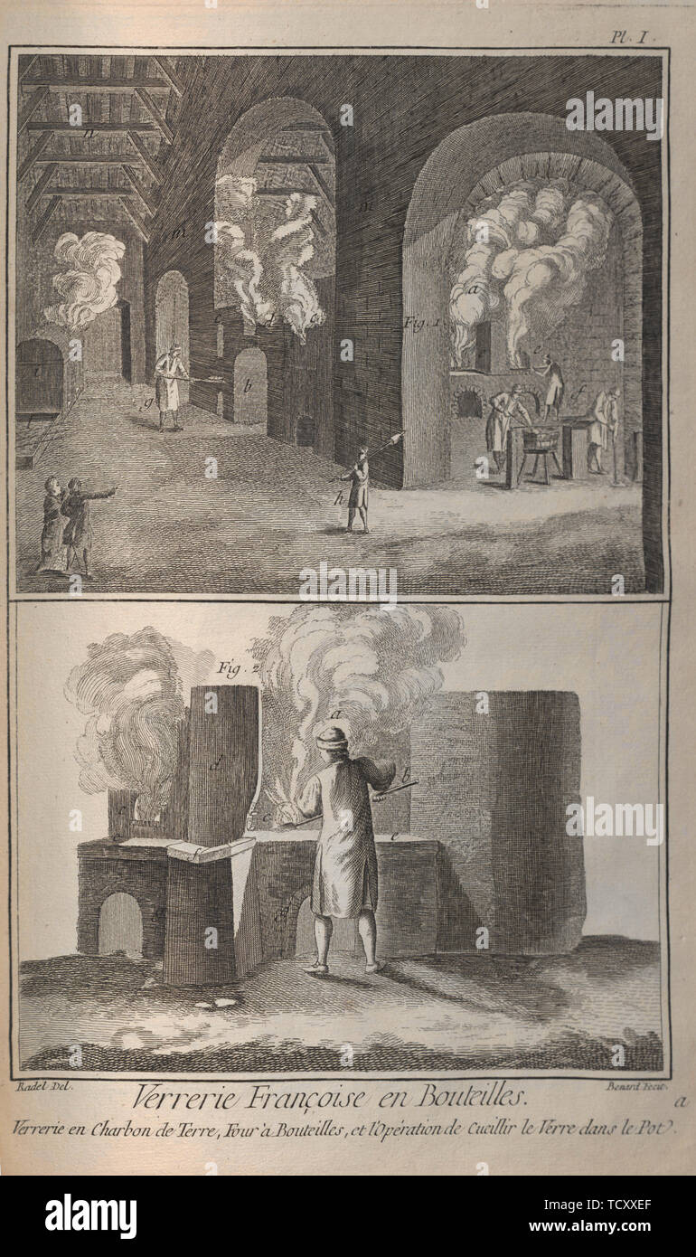 Glasherstellung. Aus der Encyclopédie von Denis Diderot und Jean Le Rond d'Alembert, 1751-1765. Schöpfer: Bénard, Robert (1734-1777). Stockfoto