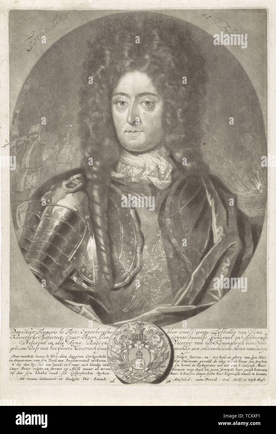 Portrait von General admiral François Lefort (1656-1699), 1698. Schöpfer: Schenk, Peter (Petrus), der Ältere (1660-1718). Stockfoto