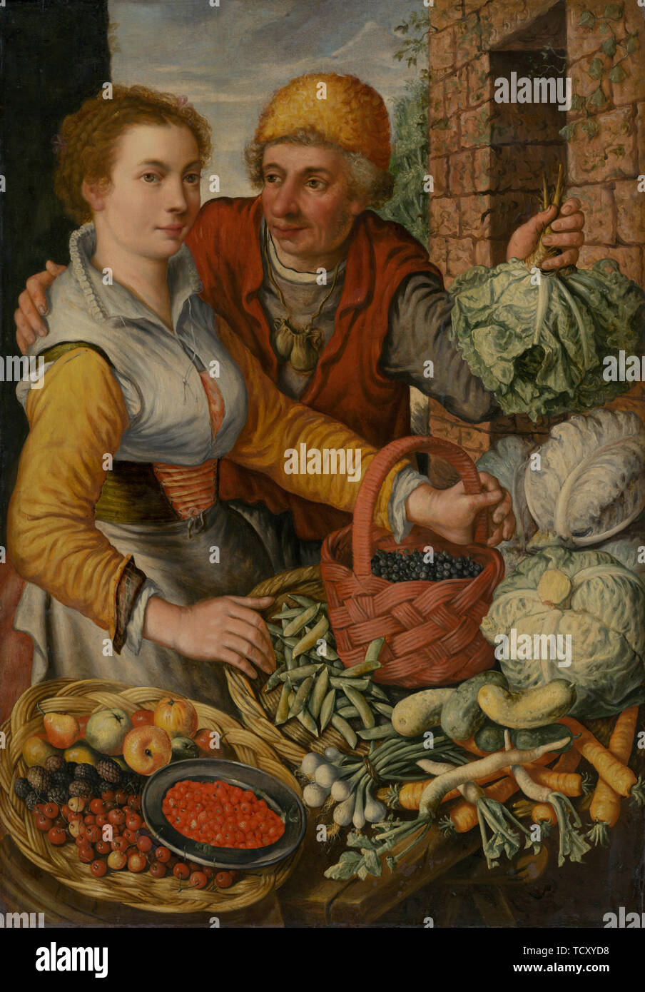 Obst und Gemüse Verkäufer, C. 1570. Schöpfer: Beuckelaer, Joachim (Ca. 1533-1574). Stockfoto