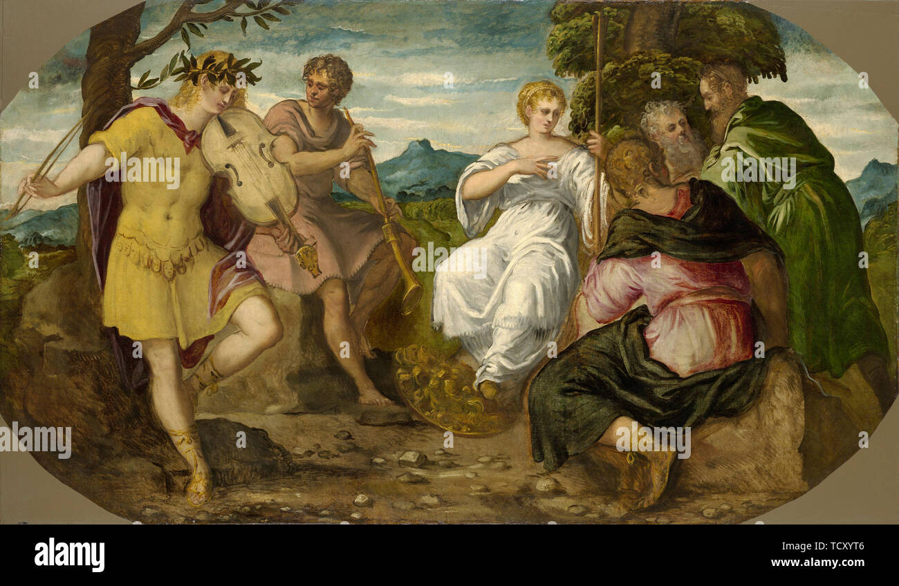 Den musikalischen Wettstreit zwischen Apoll und Marsyas, ca 1545. Schöpfer: TINTORETTO, Jacopo (1518-1594). Stockfoto