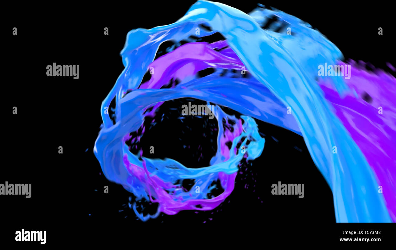 Abstrakte farbenfrohe Flüssigkeit Vortex mit Spritzern. Winkende Wasseroberfläche close up Bewegung mit Luftblasen auf dunklem Hintergrund. 4k 3D-il Stockfoto