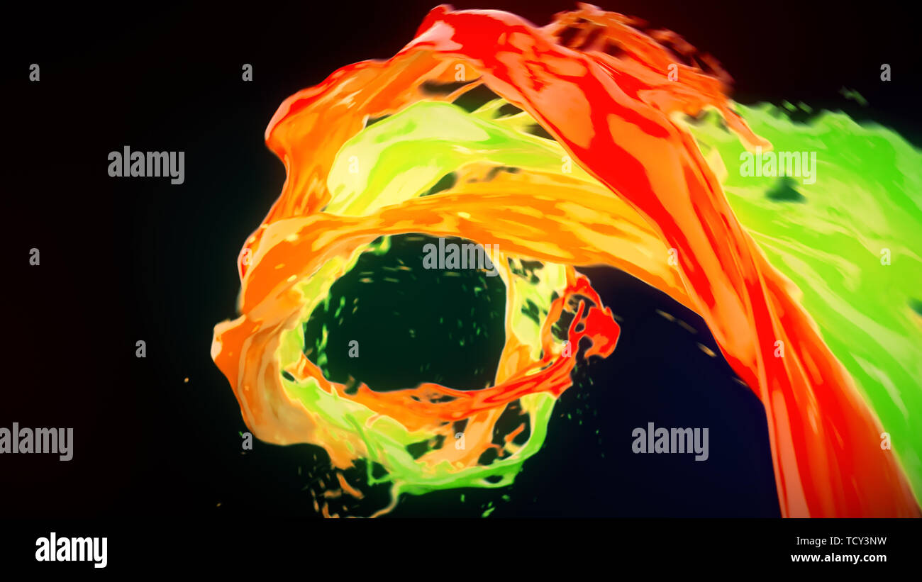 Abstrakte farbenfrohe Flüssigkeit Vortex mit Spritzern. Winkende Wasseroberfläche close up Bewegung mit Luftblasen auf dunklem Hintergrund. 4k 3D-il Stockfoto