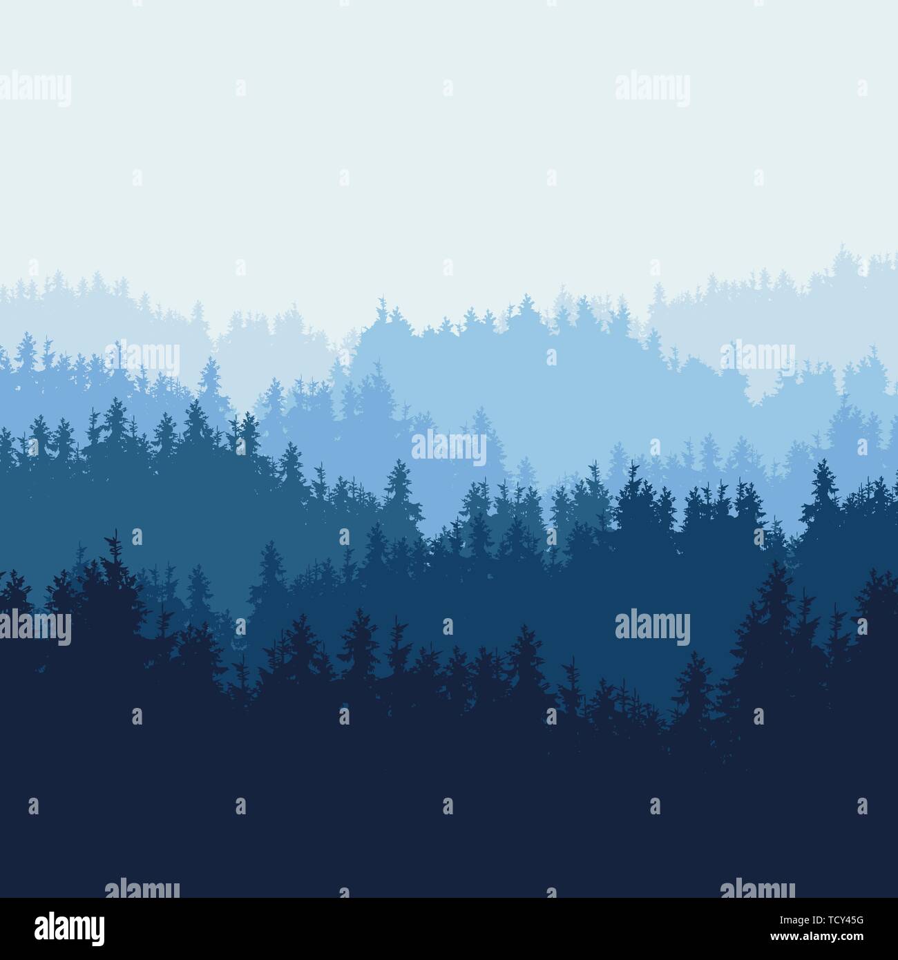 Realistische Darstellung der Berglandschaft mit nadelwald von Pinien und Hügel unter blauem Himmel. Geeignet als Werbung für die Natur Stock Vektor