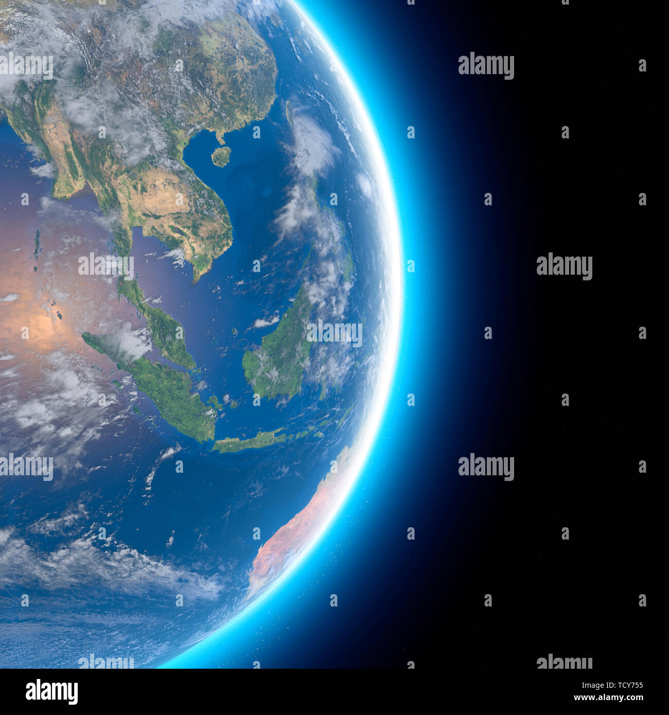 Physische Karte der Welt, Satelliten Ansicht von Südost Asien, Indonesien. Globus. Hemisphäre. Reliefs und Ozeane. 3D-Rendering Stockfoto