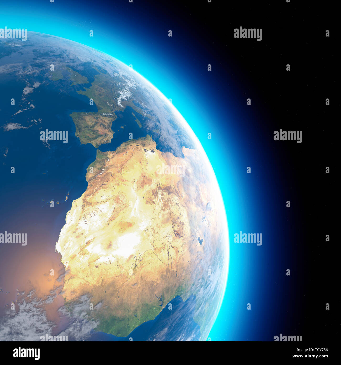 Physische Karte der Welt, Satelliten Ansicht von Nord- und Zentralafrika. Europa. Globus. Hemisphäre. Reliefs und Ozeane. 3D-Rendering Stockfoto