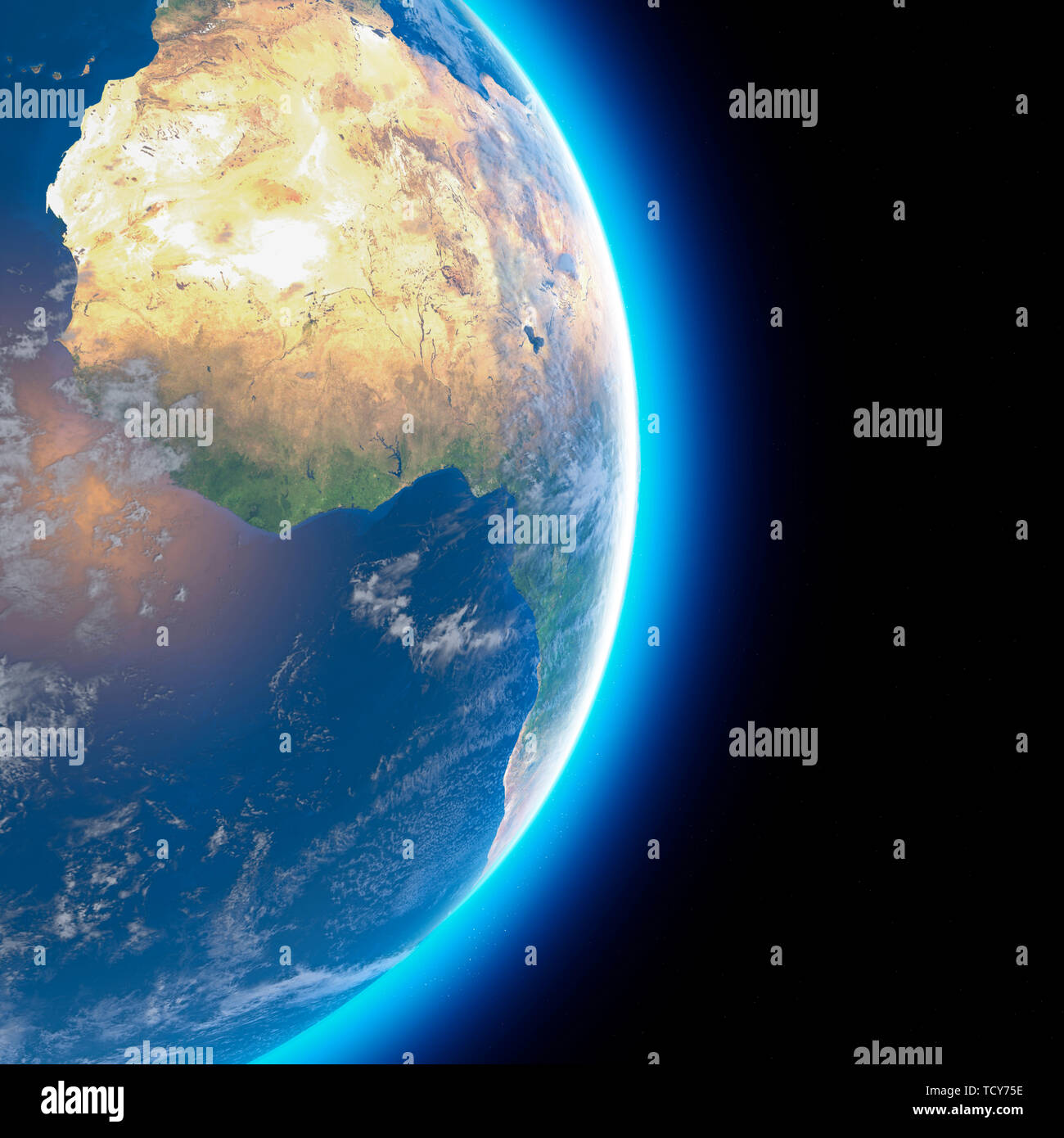 Physische Karte der Welt, Satelliten Ansicht von Nord- und Zentralafrika. Globus. Hemisphäre. Reliefs und Ozeane. 3D-Rendering Stockfoto