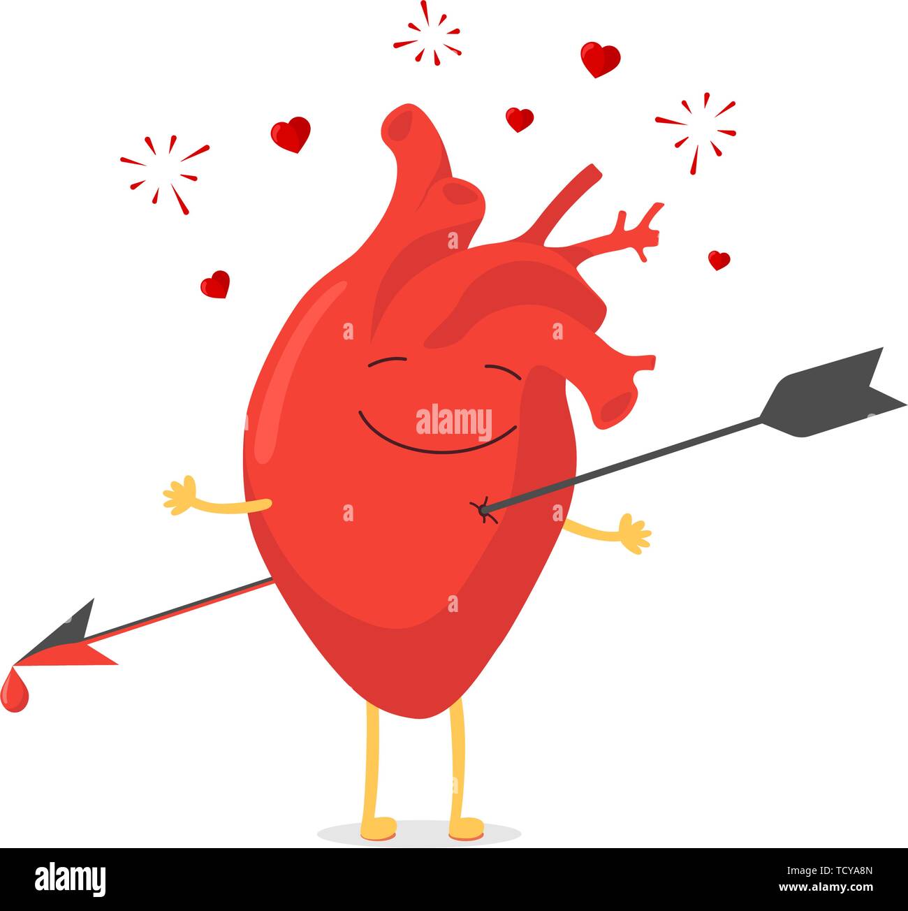 Cute cartoon menschlichen Herzen Charakter durchbohrt wurde durch Pfeil emoji glücklich Emotion erschossen. Glück schwindlig und die Herzen fliegen und platzen. Vektor Kreislauf- Orgel Stock Vektor