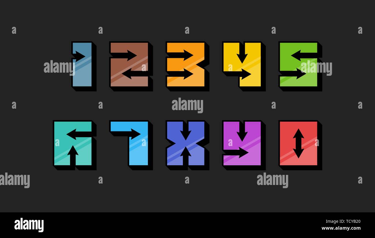 Zahlen bunt im 3d Retro Vintage Style mit Pfeilen trendy Typografie bestehend aus 1 2 3 4 5 6 7 8 9 0 Poster Design oder Grußkarte. V Stock Vektor