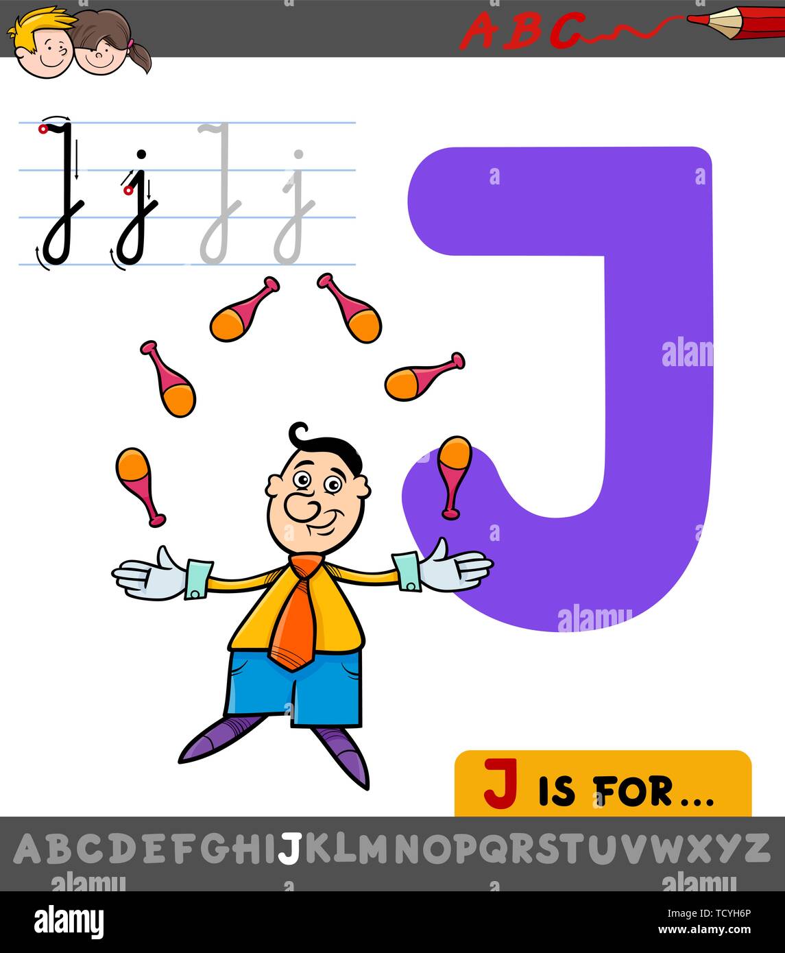 Pädagogische Cartoon Illustration von Buchstaben J von Alphabet mit Jongleur für Kinder Stock Vektor
