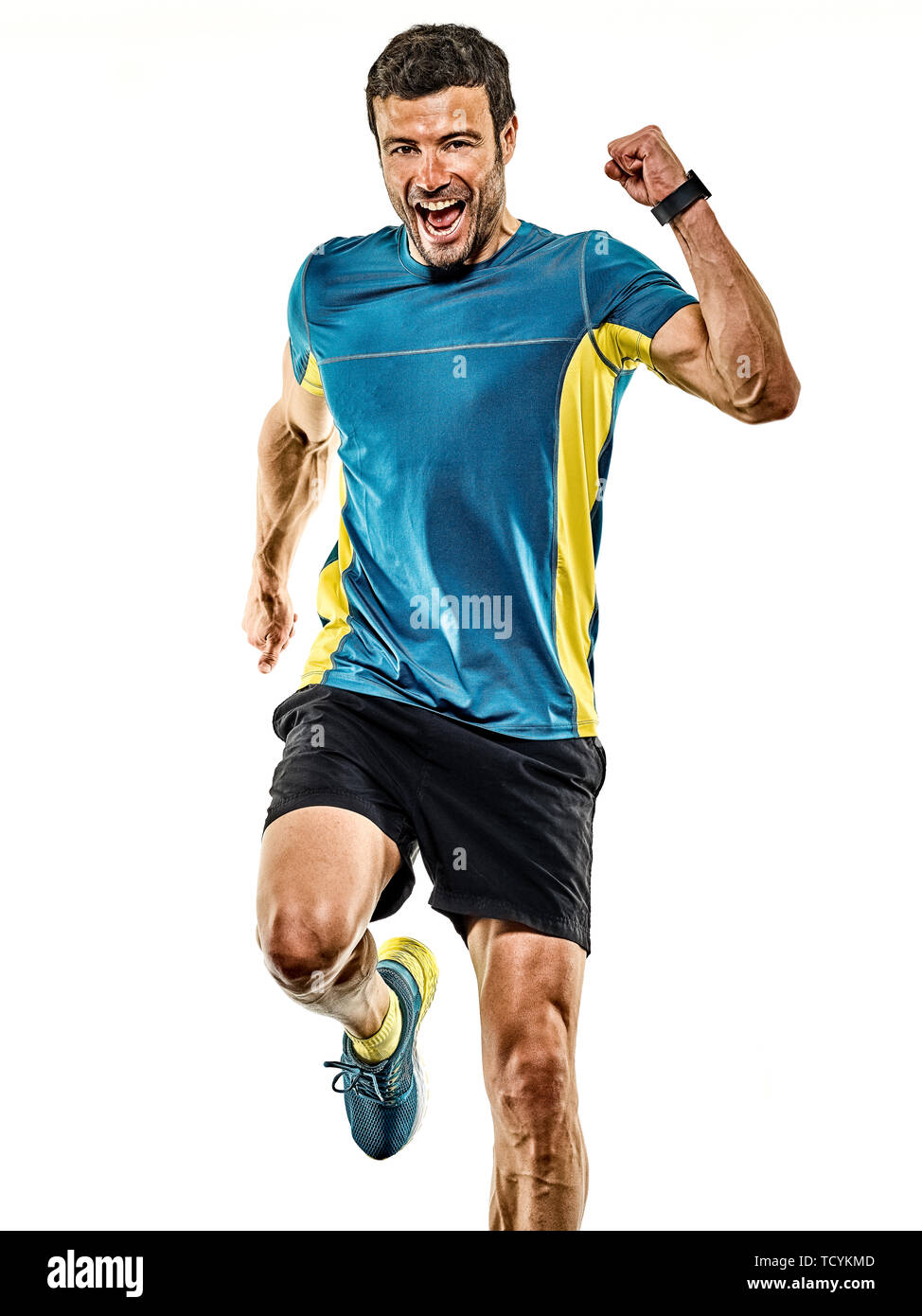 Eine kaukasische stattlichen reifer Mann laufen Läufer joggen Jogger auf weißem Hintergrund Stockfoto