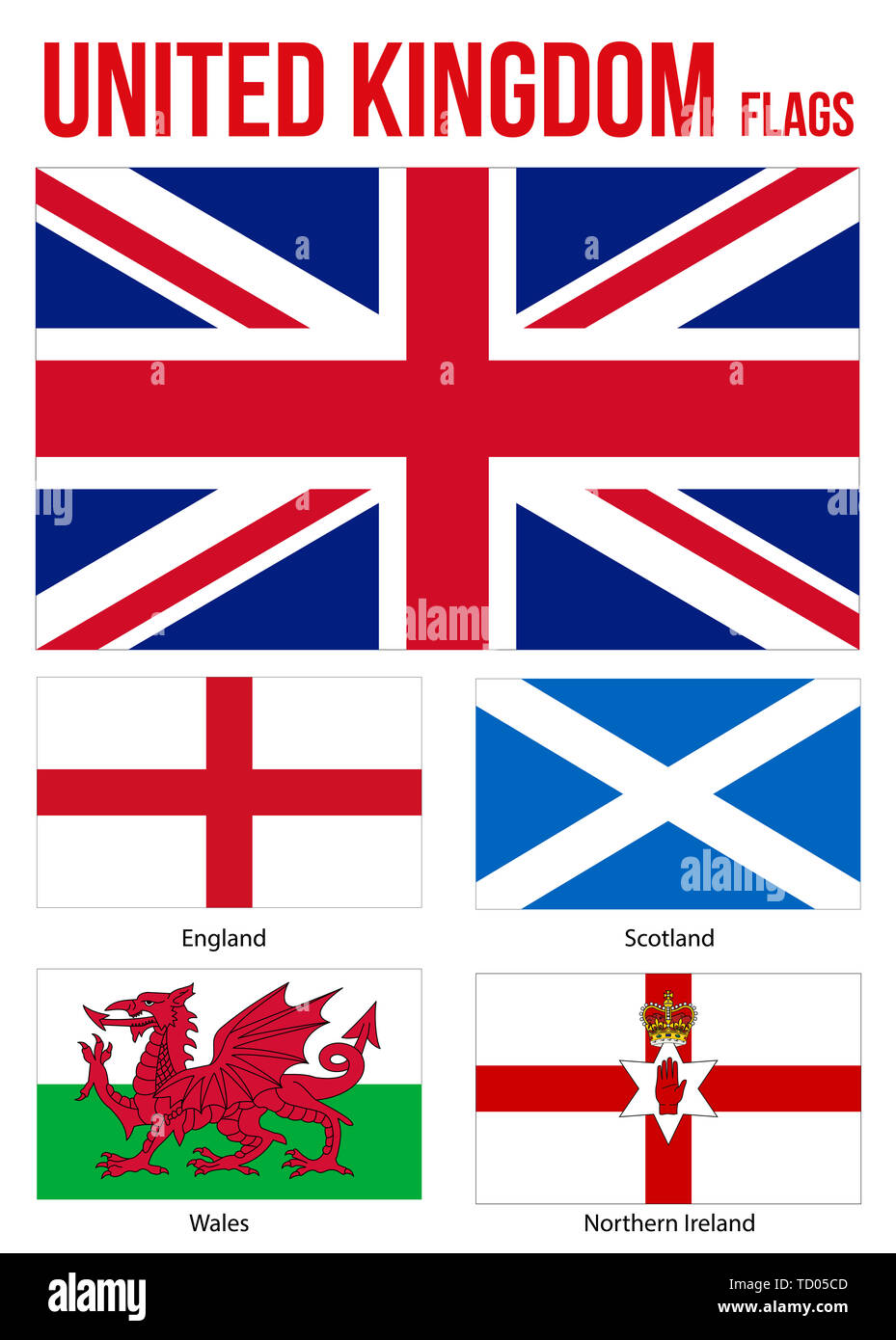 Großbritannien Fahnen Sammlung Vector Illustration auf weißem Hintergrund. Länder des Vereinigten Königreichs. Flagge von England, Nordirland, Wales Stockfoto