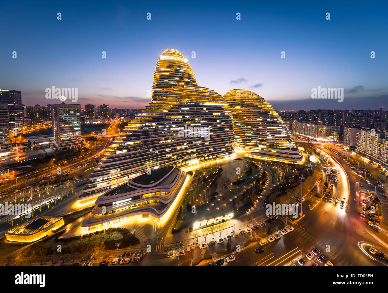 Nachtansicht von wangjing Soho Stockfoto