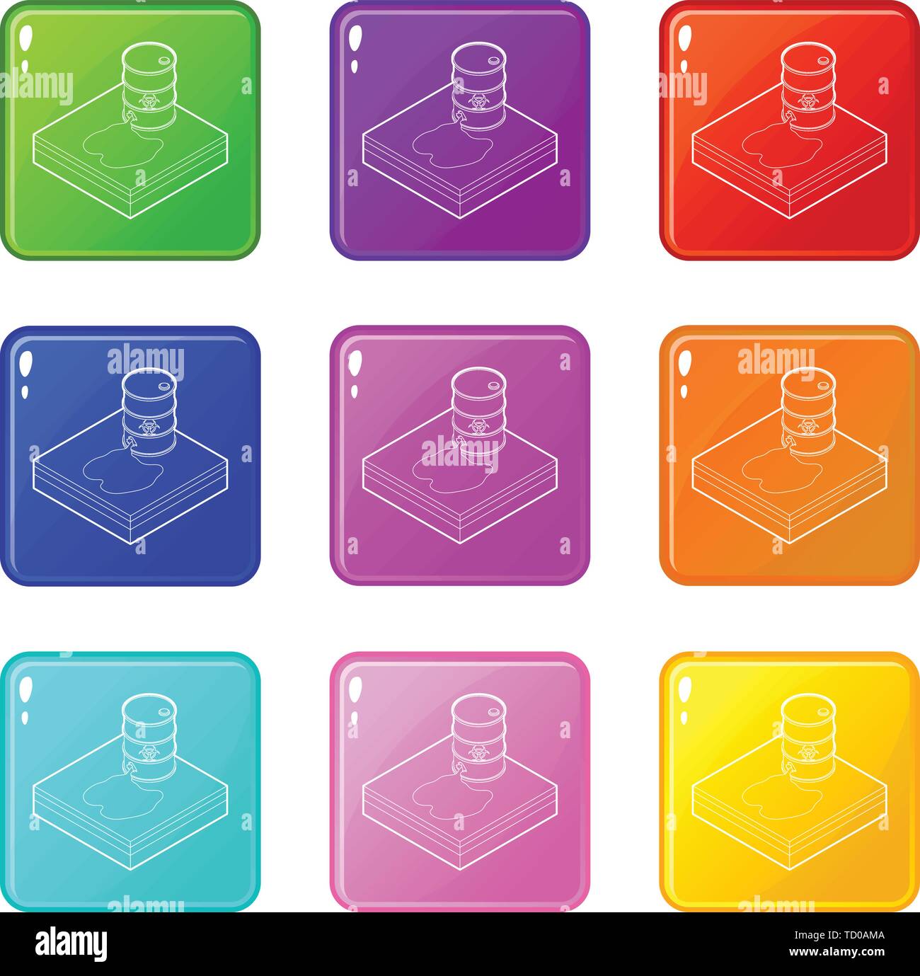 Giftige Abfälle Verschütten von Barrel Icons Set 9 Colour Collection Stock Vektor