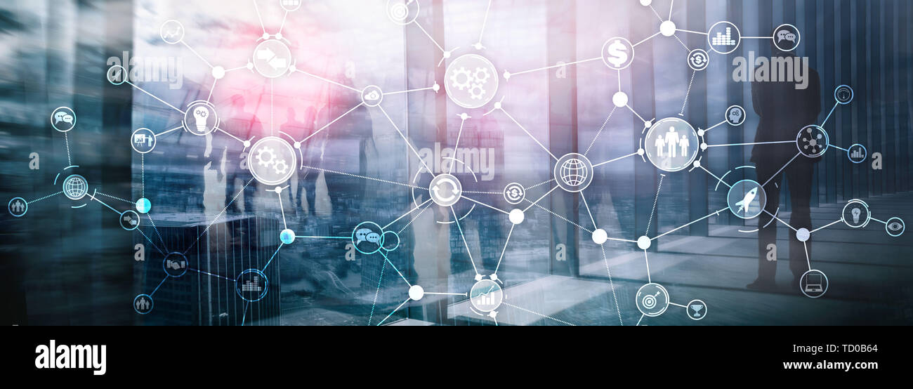 Business Process Workflow Diagramm Struktur Industrielle Automation innovation Konzept auf virtuellen Bildschirm mixed Media. Stockfoto