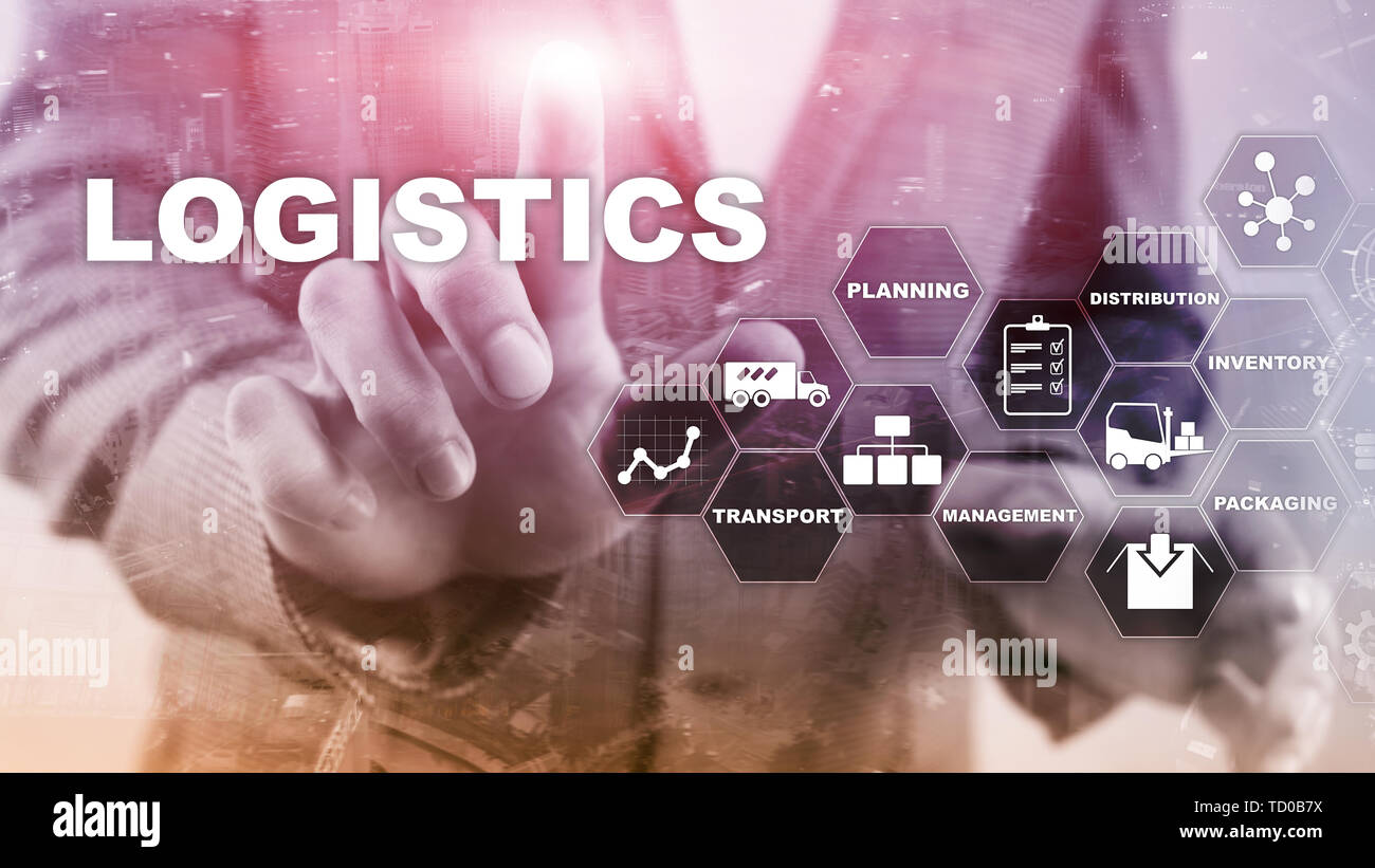 Logistik und Verkehr Konzept. Kaufmann zeigt Logistik Diagramm. Online Bestellung. Lieferung der Ware. Mixed Media. Stockfoto