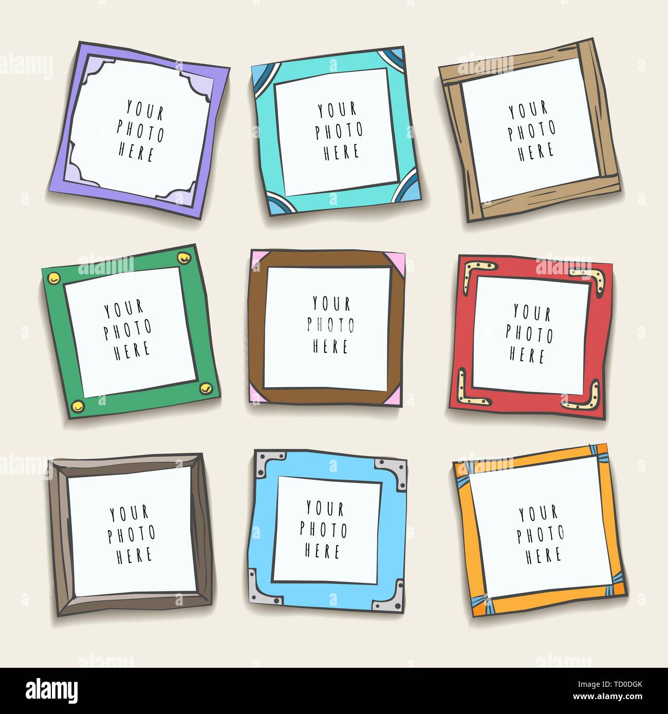 Wand Collage bilderrahmen. Fotografieren frame Layout, Bilder oder Bilderrahmen Galerie Design, schöne Wand collage Cartoon Grenzen, Vektor illustrati Stock Vektor