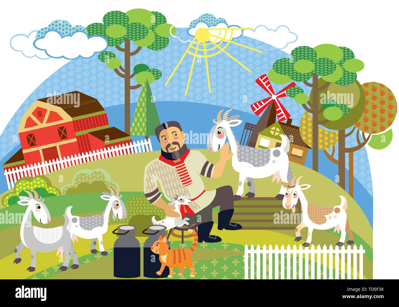 Bunt dekorativ Umrisse cute Landwirt und weißen Ziegen stehen im Profil im Garten. Bauernhof Vektor cartoon Flachbild Abbildung in verschiedenen Farben Isola Stock Vektor