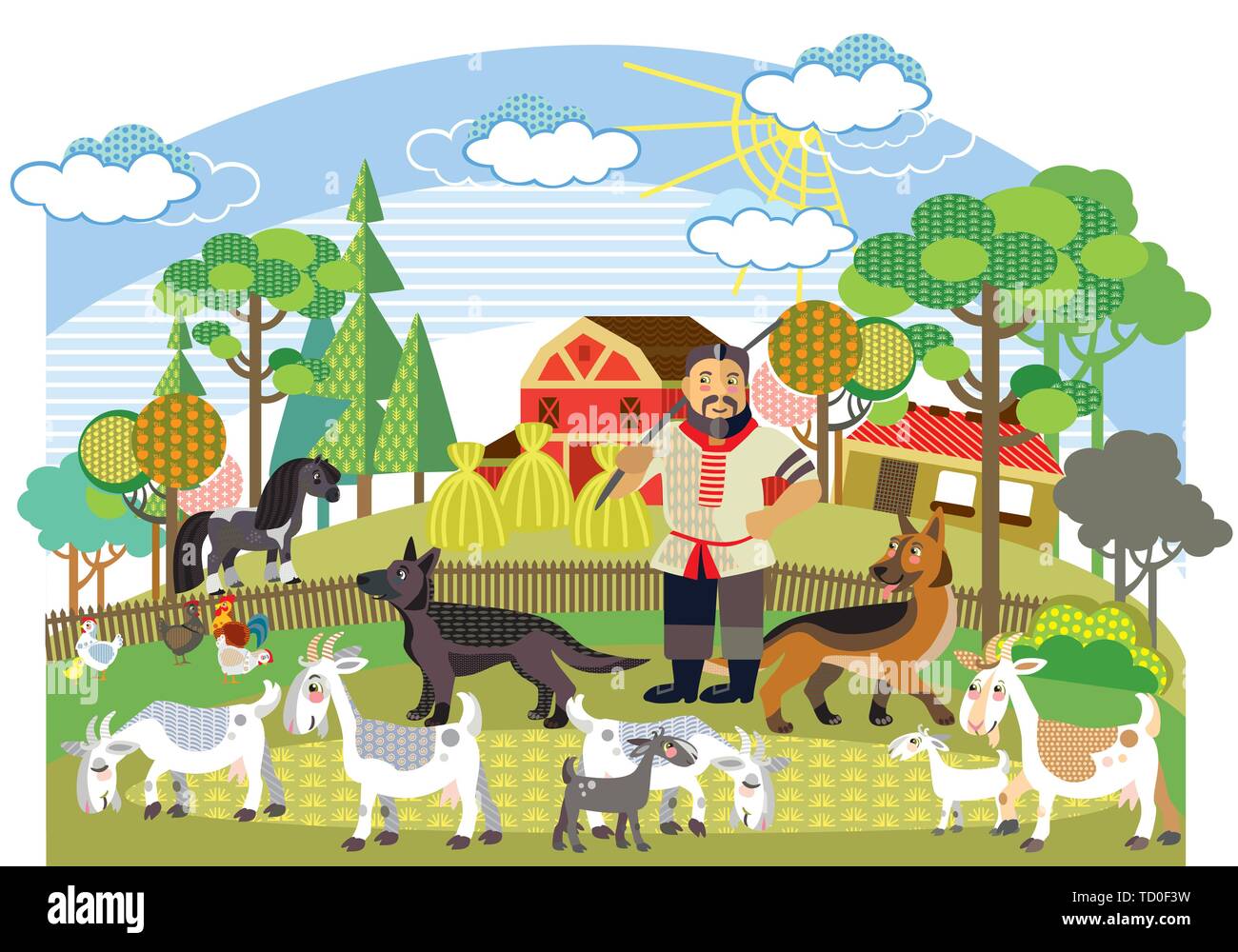 Bunt dekorativ Umrisse cute Landwirt mit Deutscher Schäferhund Herden weißen Ziegen stehen im Profil im Garten. Bauernhof Vektor cartoon Flachbild Abbildung in Stock Vektor