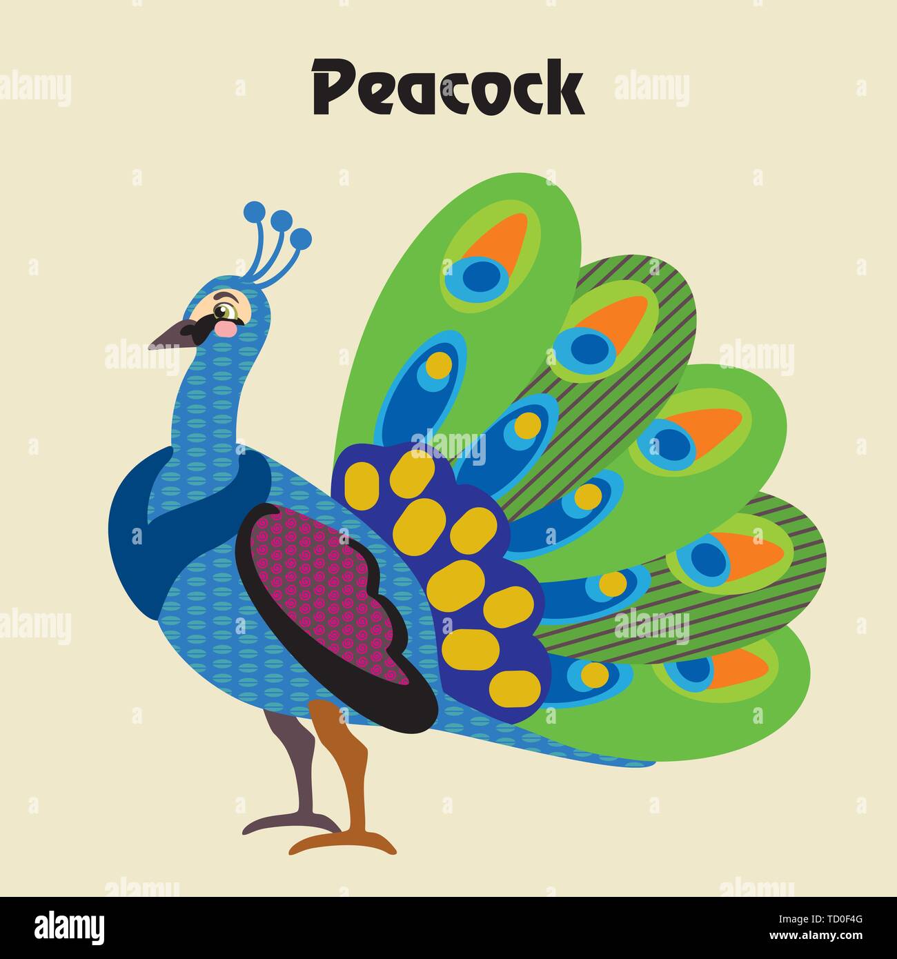 Bunt dekorativ Umrisse lustig bunte Pfau steht im Profil. Bauernhof Tiere und Vögel Vektor cartoon Flachbild Abbildung in verschiedenen Farben ist Stock Vektor