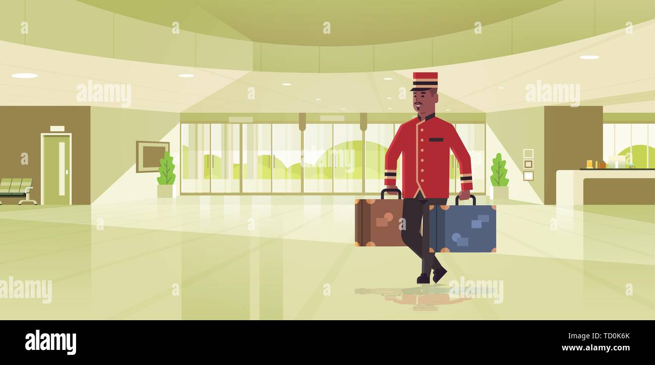 Bell Boy Koffertragen hotel Service Konzept afrikanische amerikanische Bellman holding Gepäck männliche Arbeiter in Uniform moderne Rezeption Lobby innen Stock Vektor