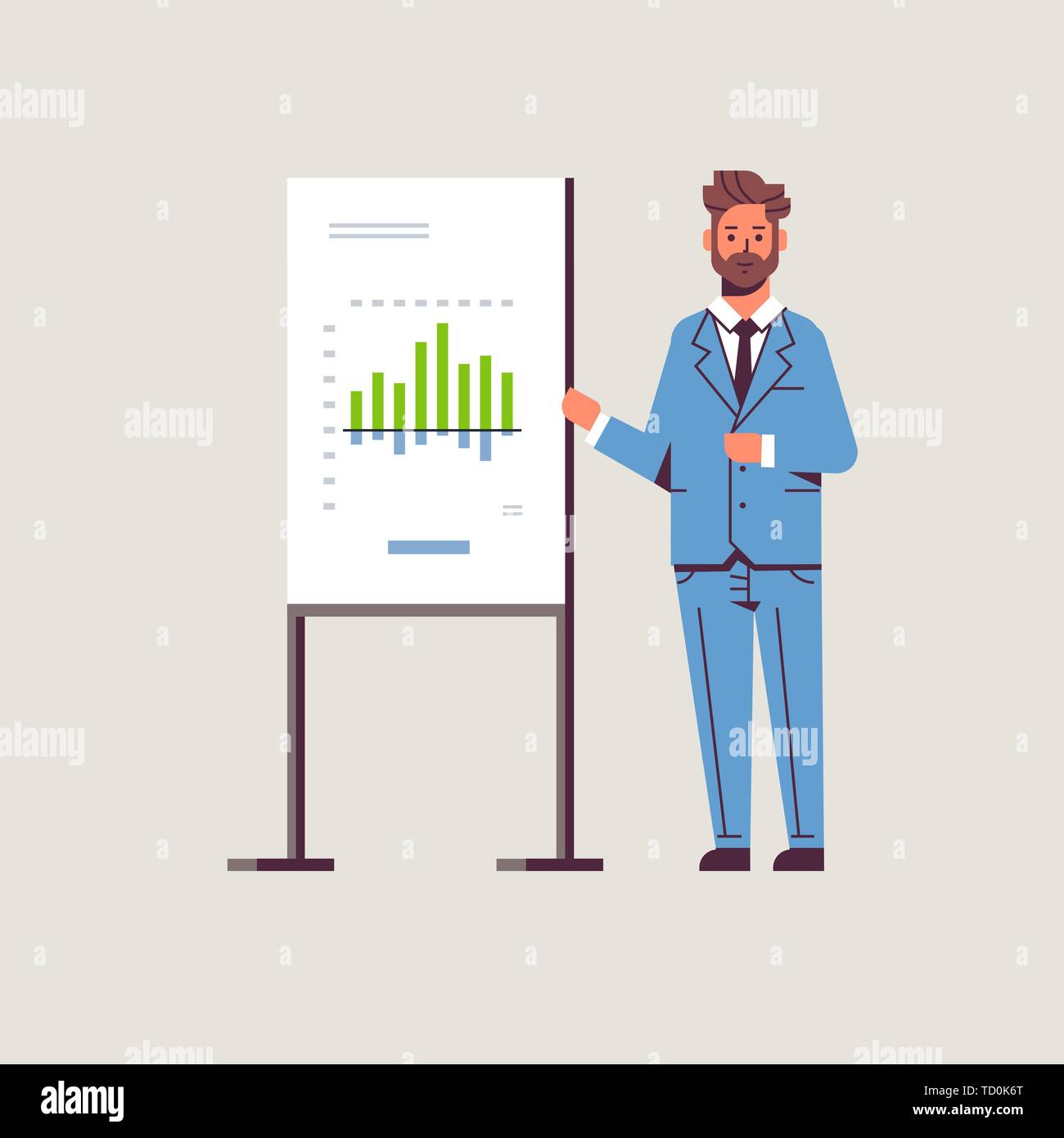 Geschäftsmann Darstellung eines Graphen auf Flipchart board business Mann am Seminar, Präsentation Konzept männliche Sprecher auf Konferenzen Messen flach Stock Vektor