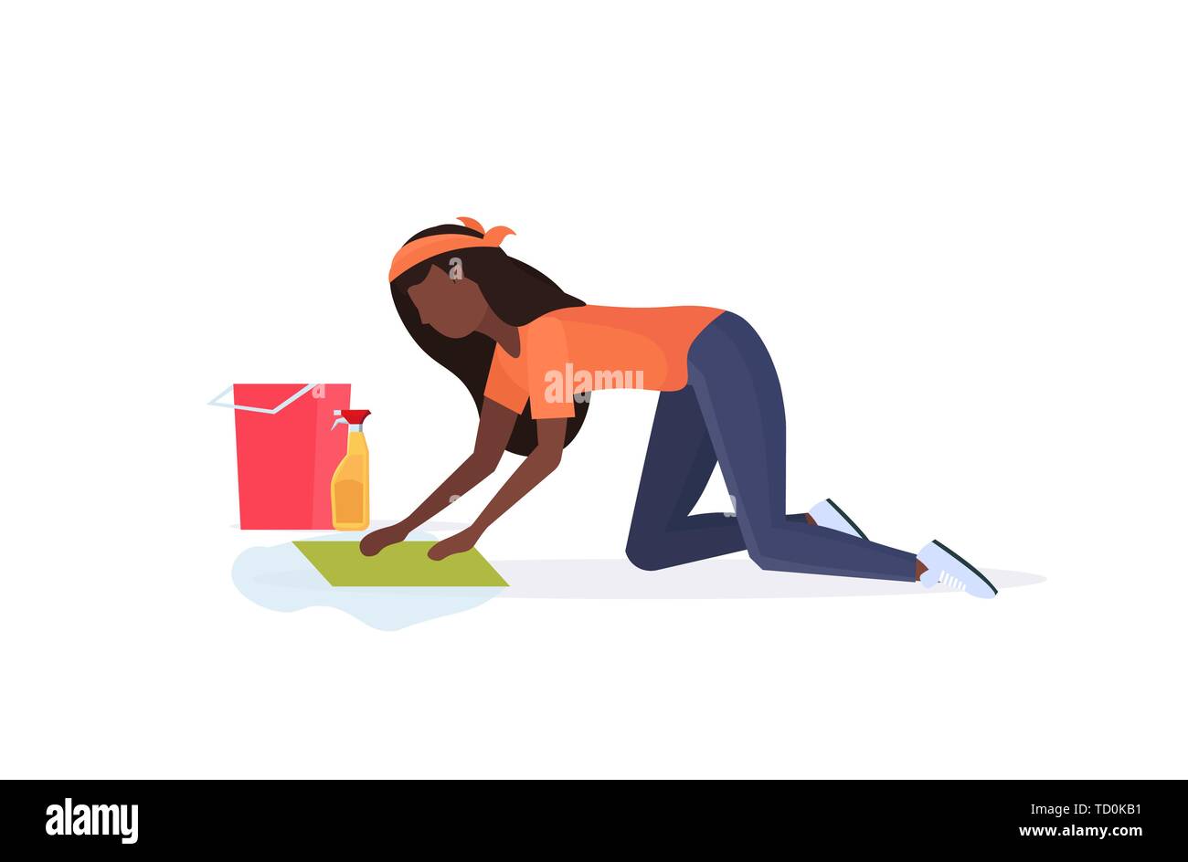 Waschen Hausfrau auf Knien afrikanische amerikanische Frau Reiniger mit Lappen und Eimer Mädchen tun Hausarbeit Reinigung Service Konzept voller Länge flach Stock Vektor