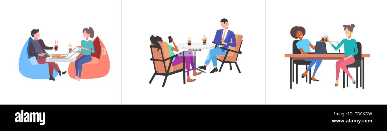 Set businespeople Kollegen diskutieren während der Kaffeepause mix Rennen Geschäftsleute am Arbeitsplatz Kommunikationskonzepte Sammlung flach voll Stock Vektor