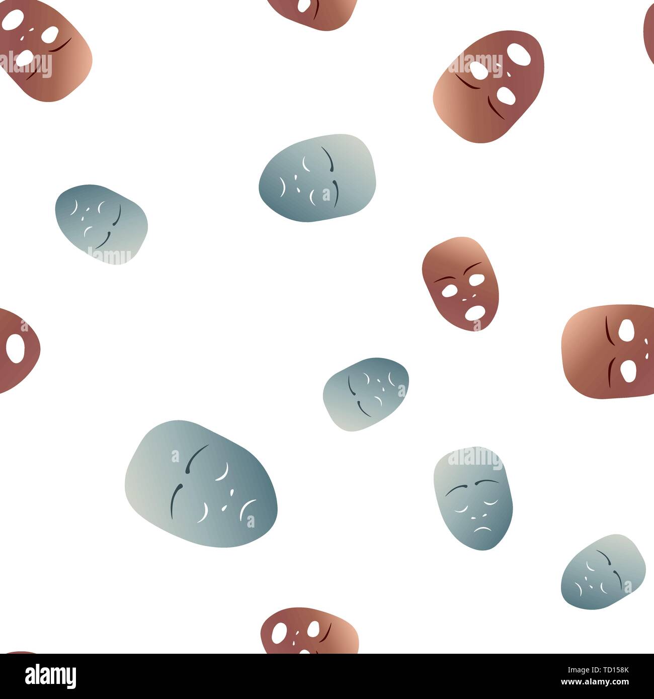 Nahtlose Muster theatralischen Maske mit traurigen und Panik Emotion. Vector Illustration. Bronze und Silber Masken mit Steigung auf weißem Hintergrund. Stock Vektor