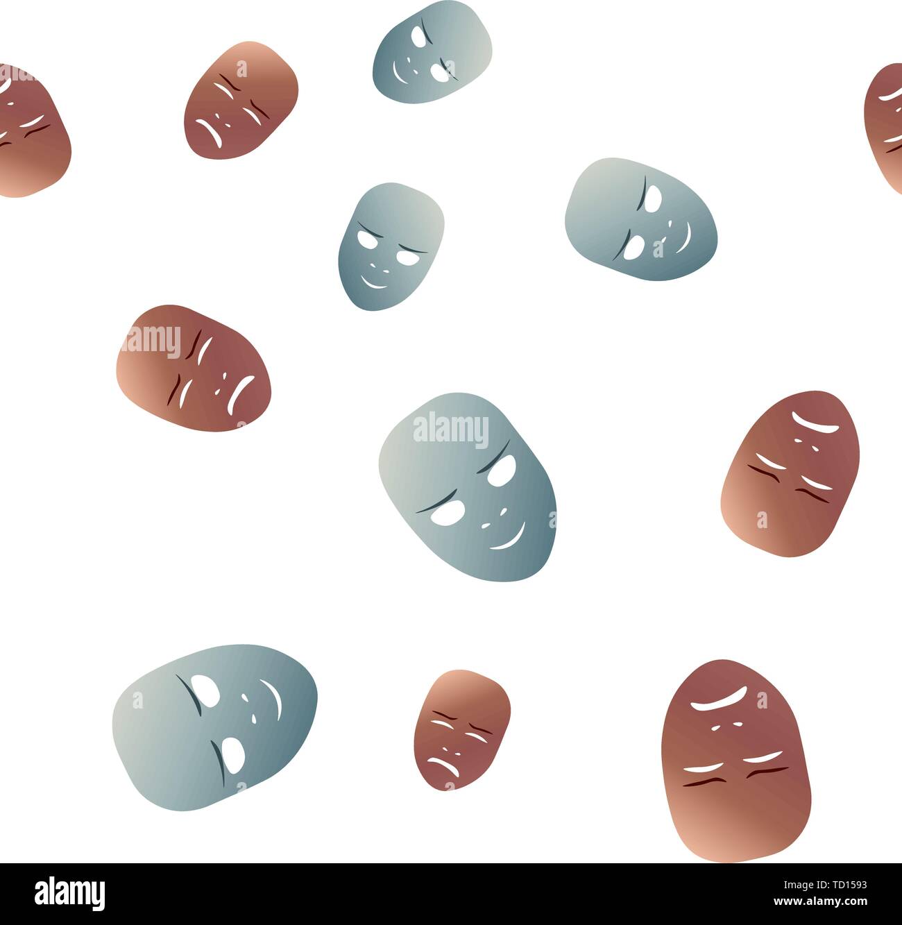 Nahtlose Muster theatralischen Maske mit schmerzhaften und grinsen Emotion. Vector Illustration. Bronze und Silber Masken mit Steigung isoliert auf weißem backgr Stock Vektor