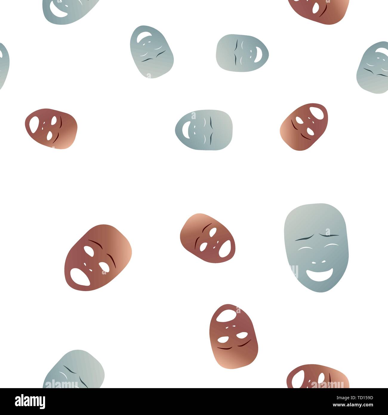 Nahtlose Muster theatralischen Maske mit Freude und Angst Emotion. Vector Illustration. Bronze und Silber Masken mit Steigung auf weißem Hintergrund Stock Vektor