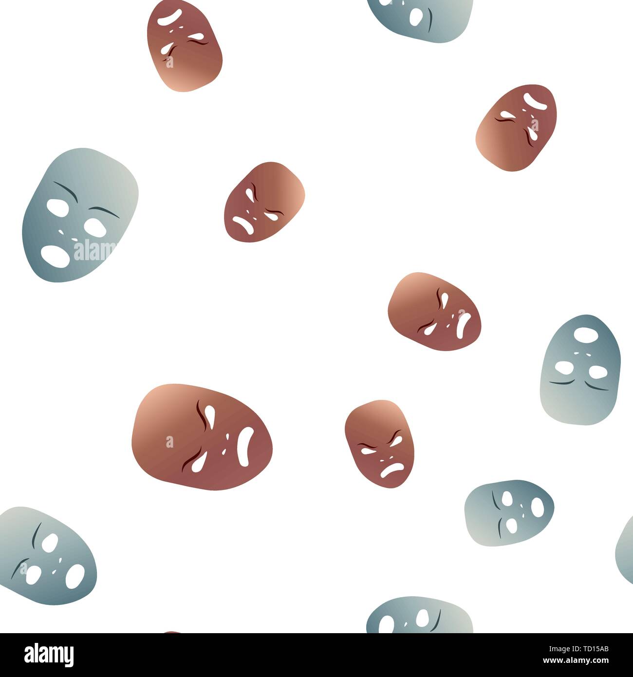 Nahtlose Muster theatralischen Maske mit wütend und ängstlich Emotion. Vector Illustration. Bronze und Silber Masken mit Steigung isoliert auf weißem backgrou Stock Vektor