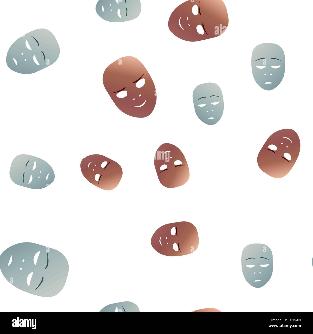 Nahtlose Muster theatralischen Maske mit Apathie und grinsen Emotion. Vector Illustration. Bronze und Silber Masken mit Steigung isoliert auf weißem backgroun Stock Vektor