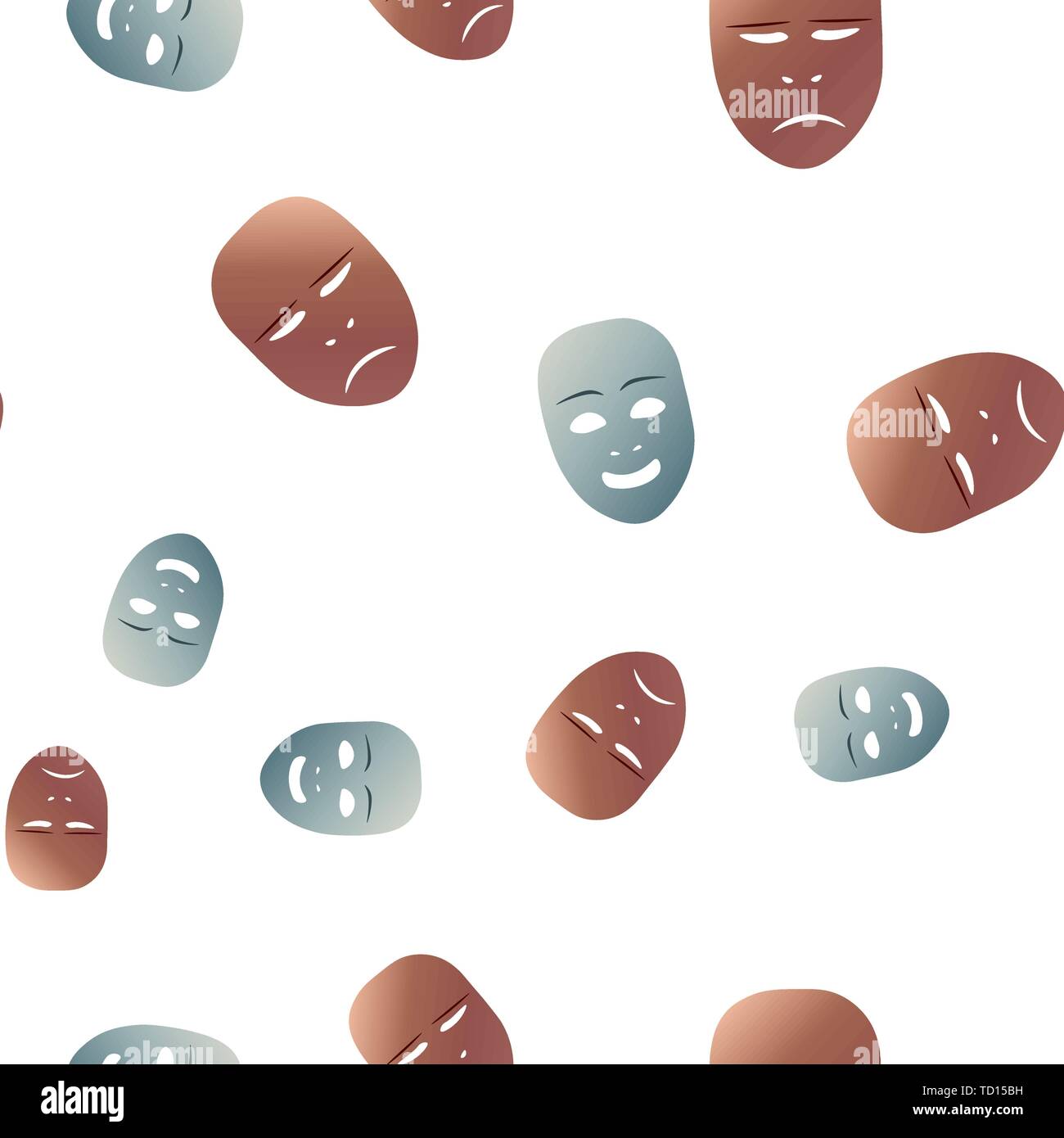 Nahtlose Muster theatralischen Maske mit traurig und glücklich Emotion. Vector Illustration. Bronze und Silber Masken mit Steigung auf weißem Hintergrund. Stock Vektor