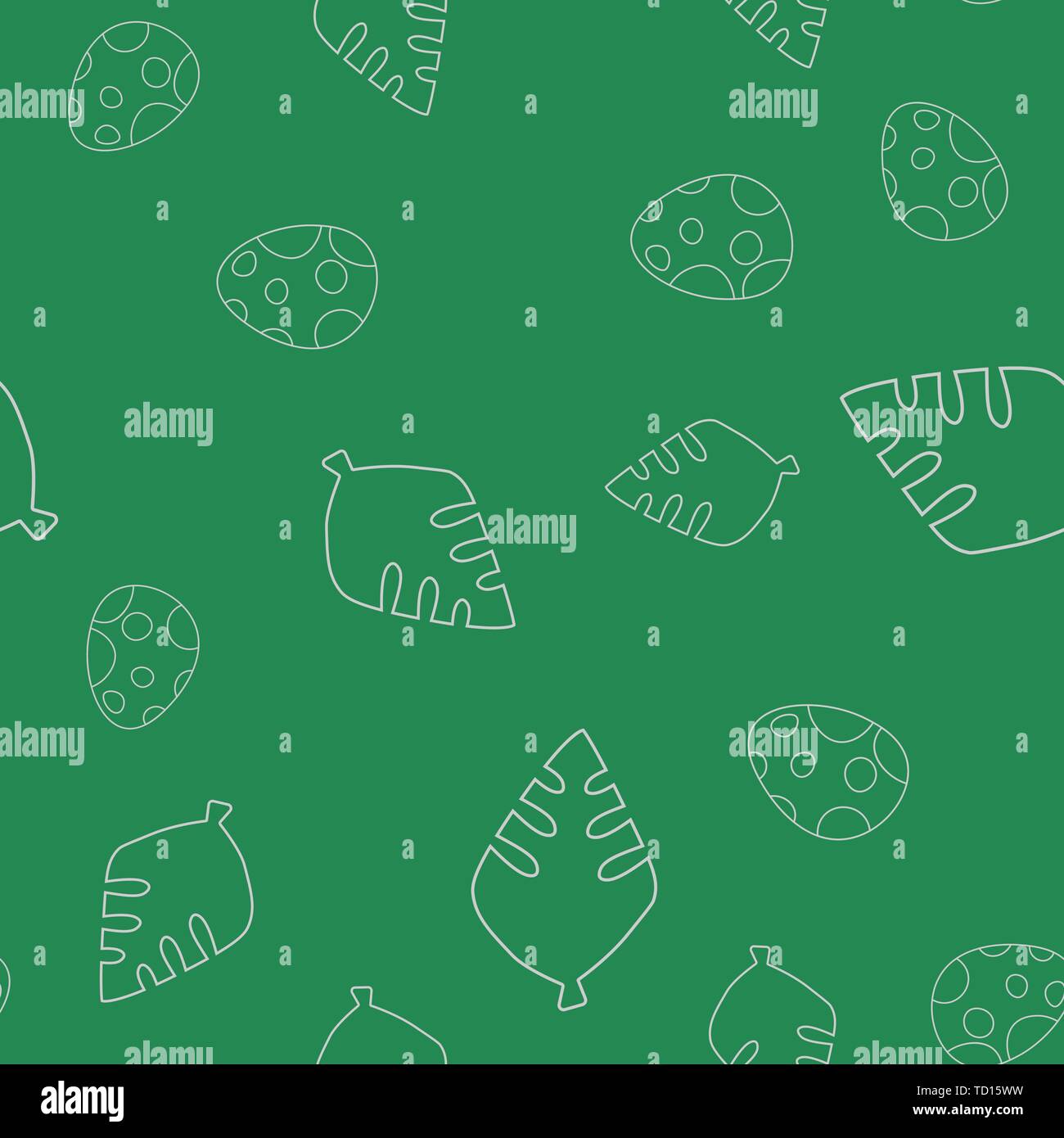 Nahtlose Muster der Kontur von dinosaurus Ei und Blatt Baum. Auf grünem Hintergrund isoliert. Vector Illustration. Stock Vektor