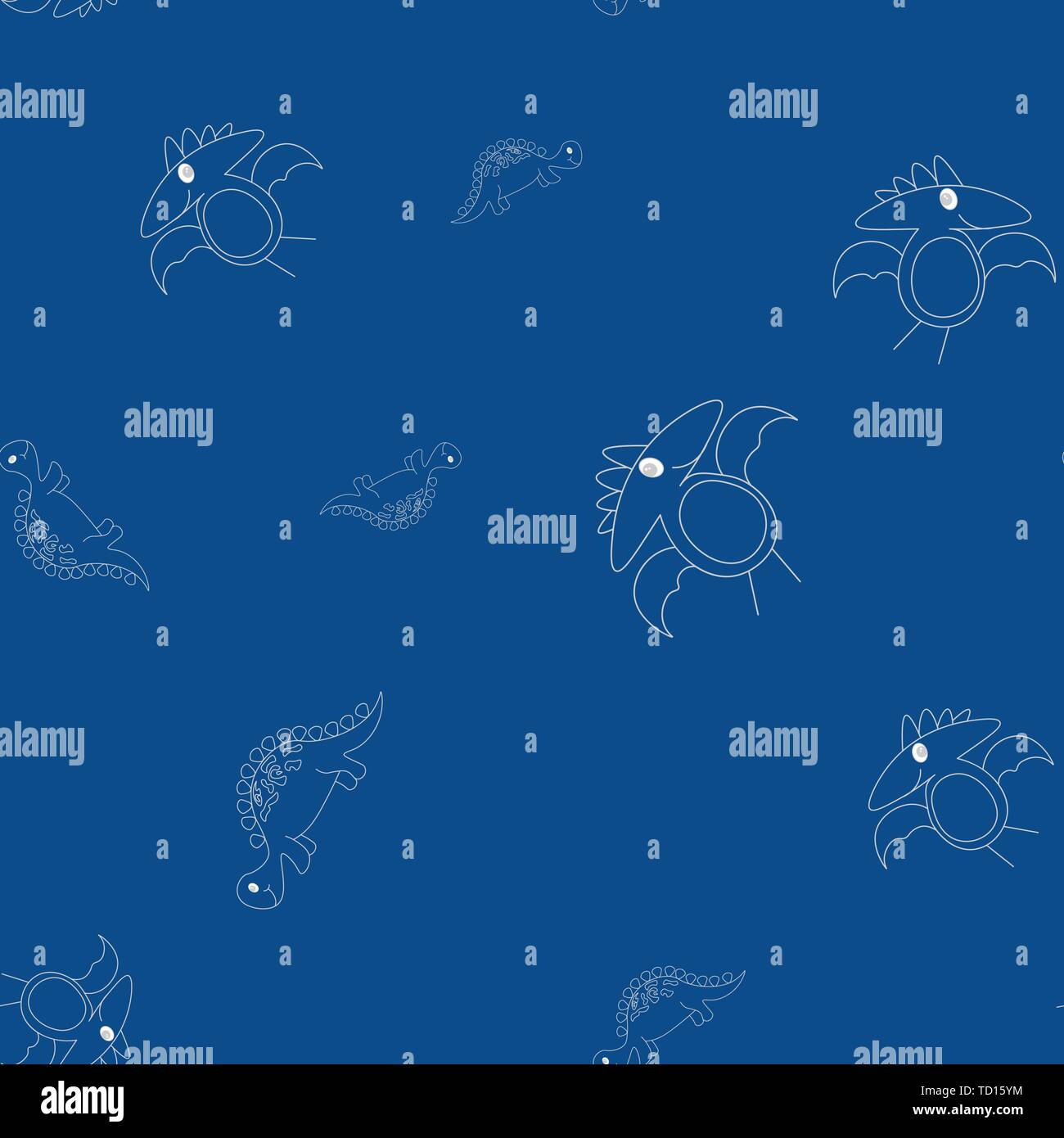 Nahtlose Muster der Kontur von dinosaurus Stegosaurus und pterodactyl. Auf blauem Hintergrund isoliert. Vector Illustration. Stock Vektor