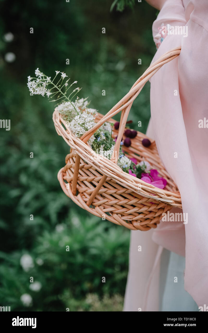 Frühling, die Mädchen sind picking Wild flowers in freier Wildbahn in der chinesischen Kleidung. Stockfoto