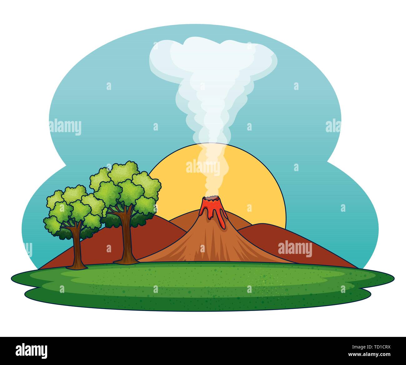 Sonne mit Vulkan Rauch- und Berge mit Bäumen Stock Vektor