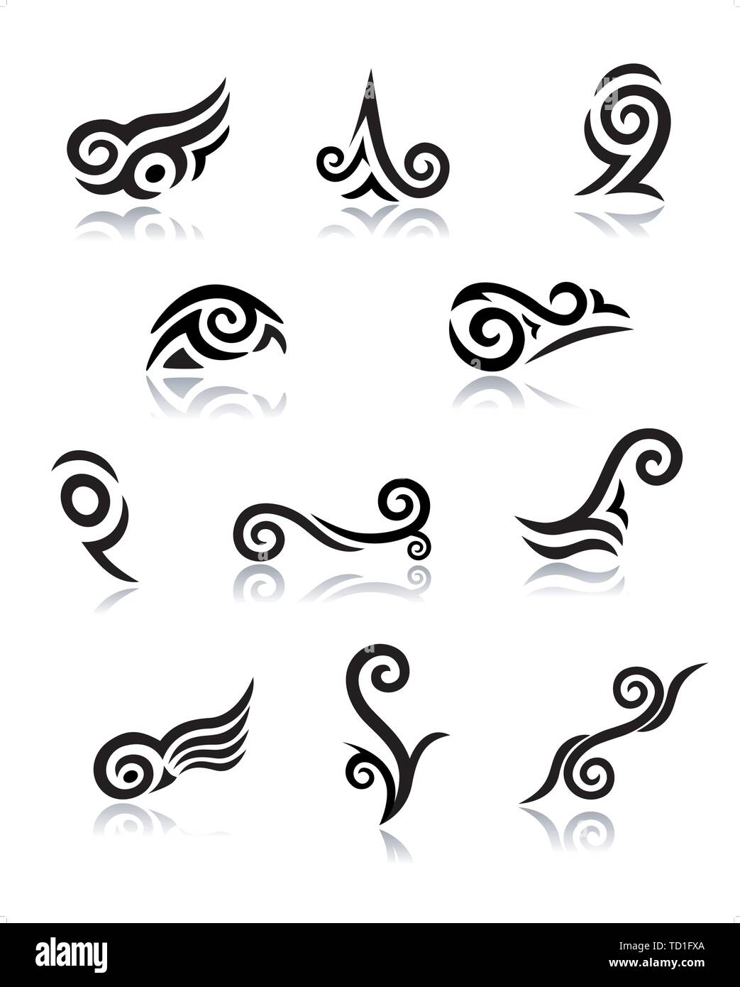Abstrakte Maori Koru Tattoo Elemente mit Reflexionen, jedes Objekt einzeln EPS 10 gruppiert Stock Vektor