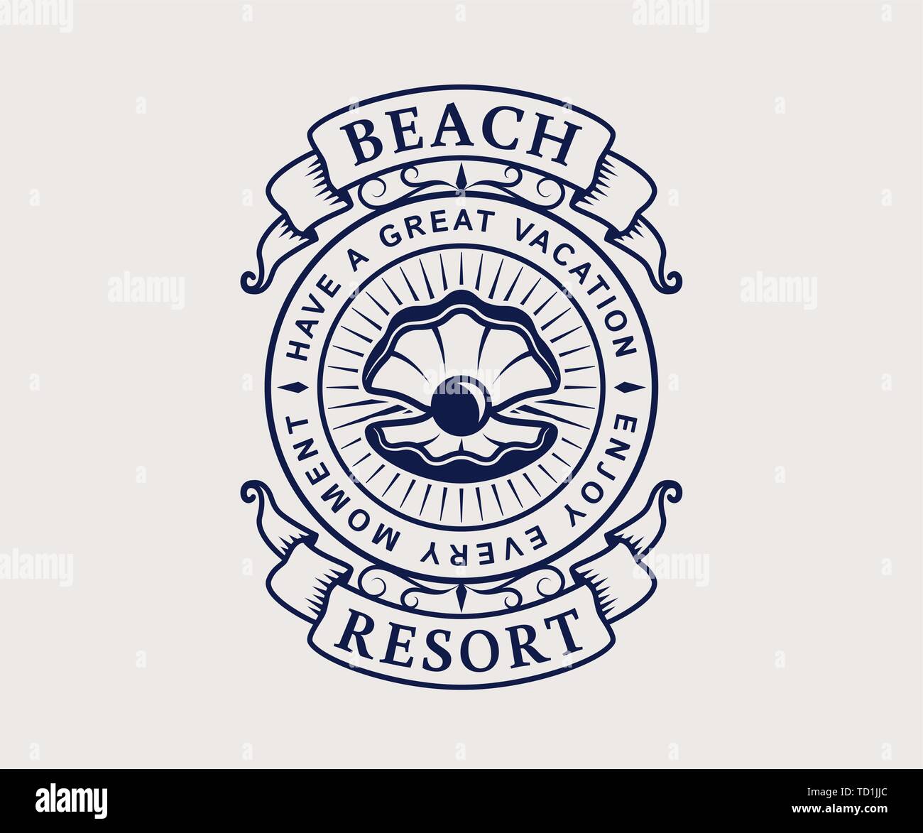 Beach Resort logo mit Muschel. Elegante vintage Wappen auf weißem Hintergrund. Vektor Vorlage. Stock Vektor